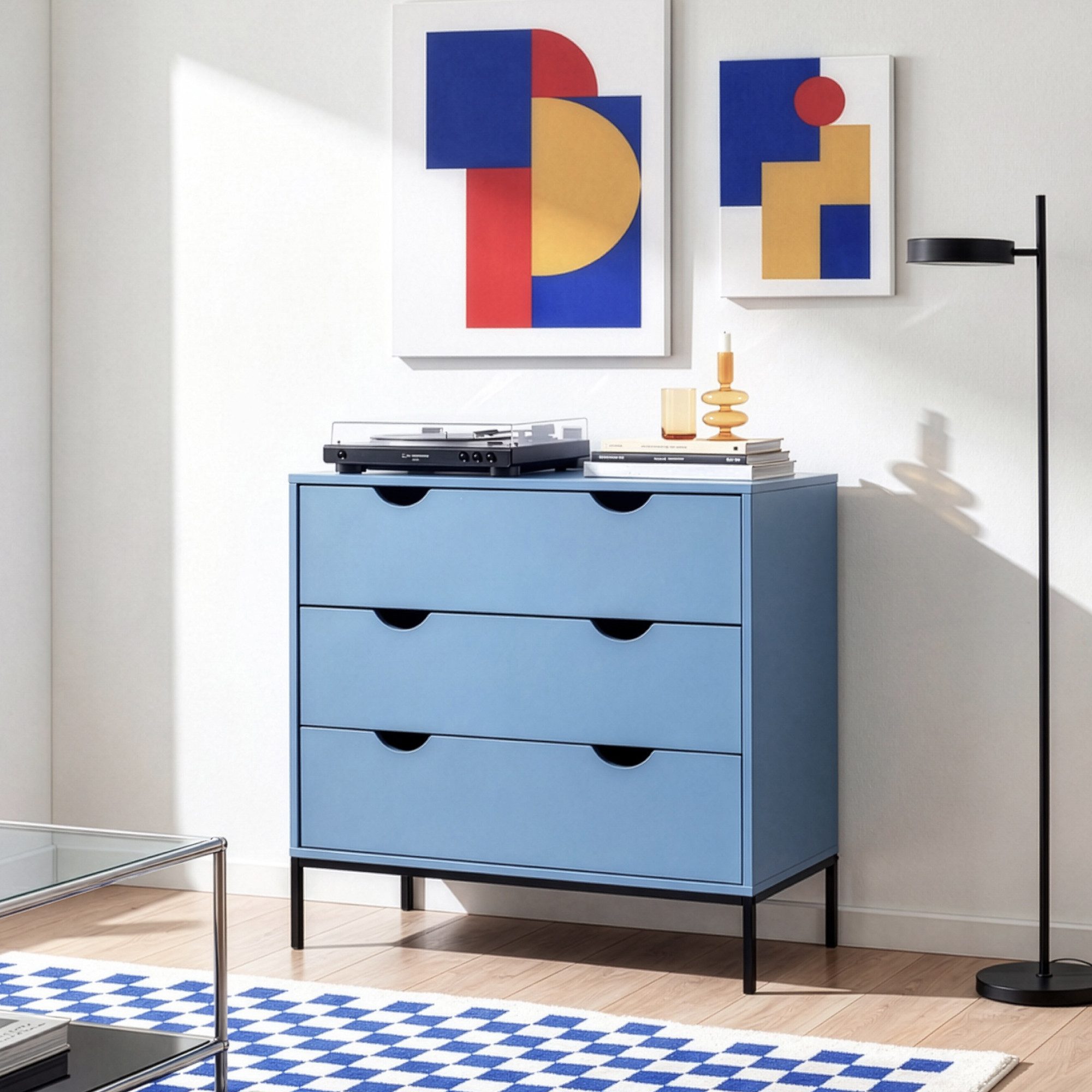 en.casa Kommode, »Colwyn« mit 3 Schubladen 78 x 80 x 40 cm Blau