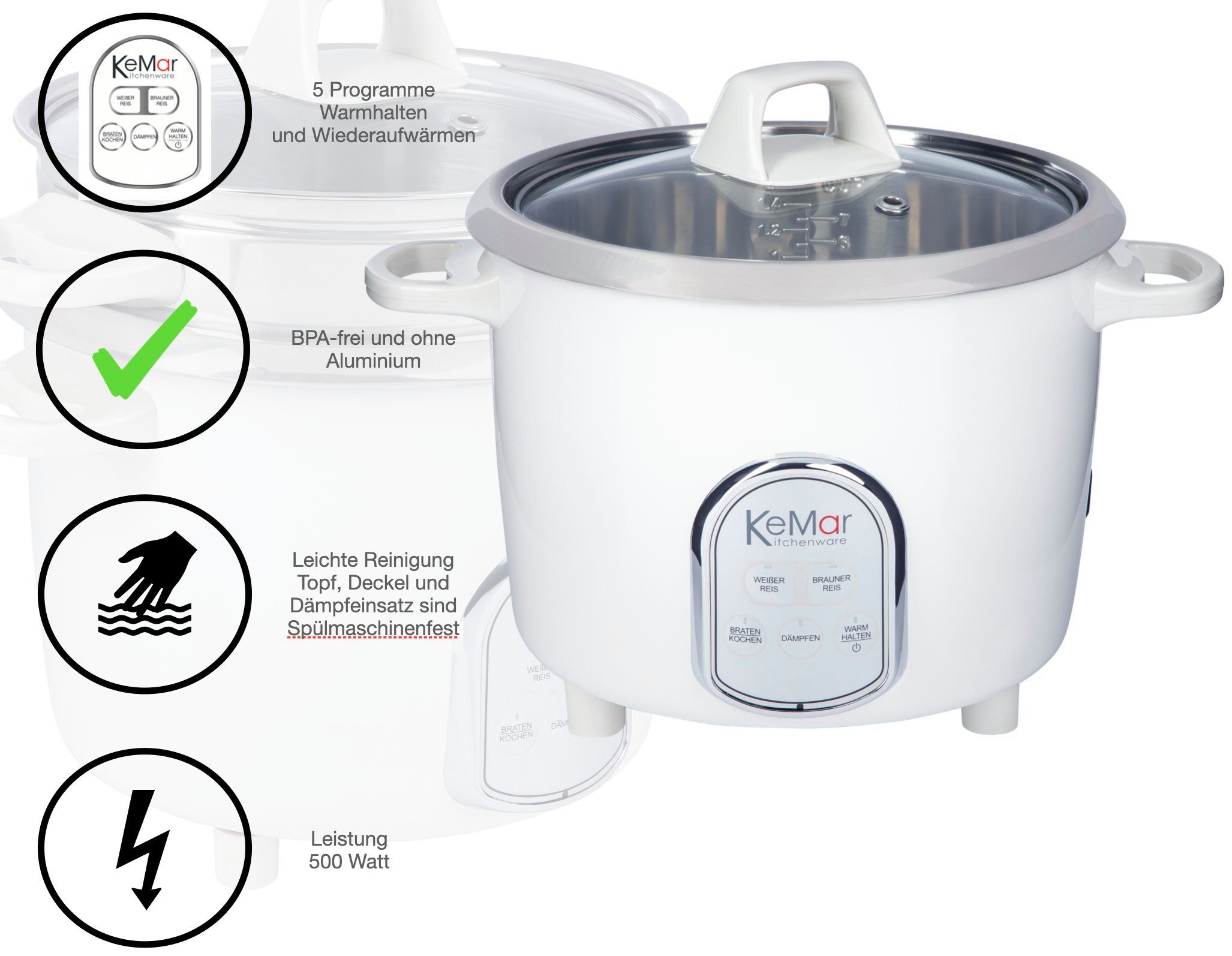 KeMar Kitchenware Reiskocher KRC-175, 500 W, Edelstahltopf, Glasdeckel, inkl. Edelstahl Dämpfeinsatz, 5 Programme