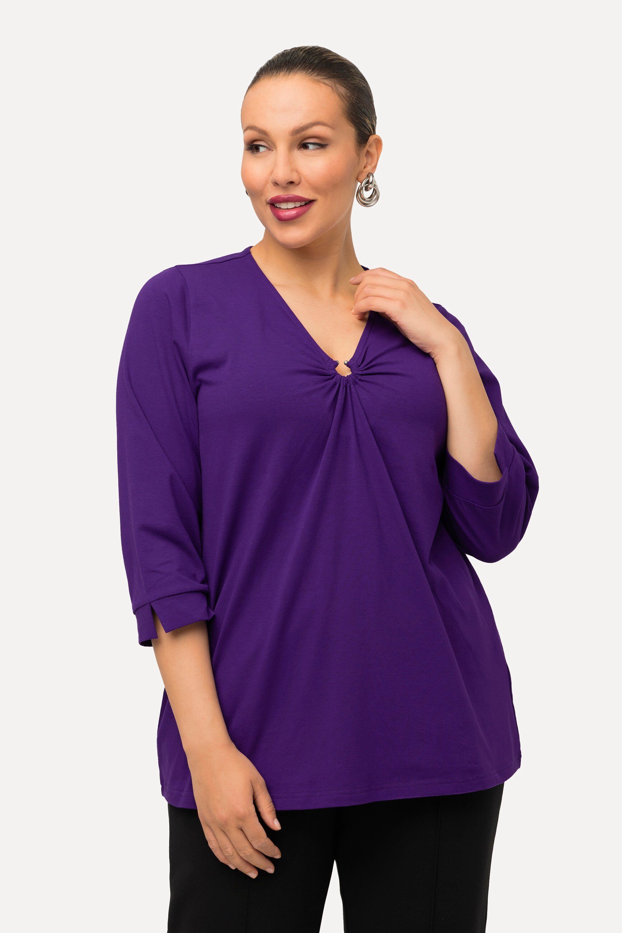 Ulla Popken Rundhalsshirt Shirt Zierring Classic V-Ausschnitt 3/4-Arm tiefes violett