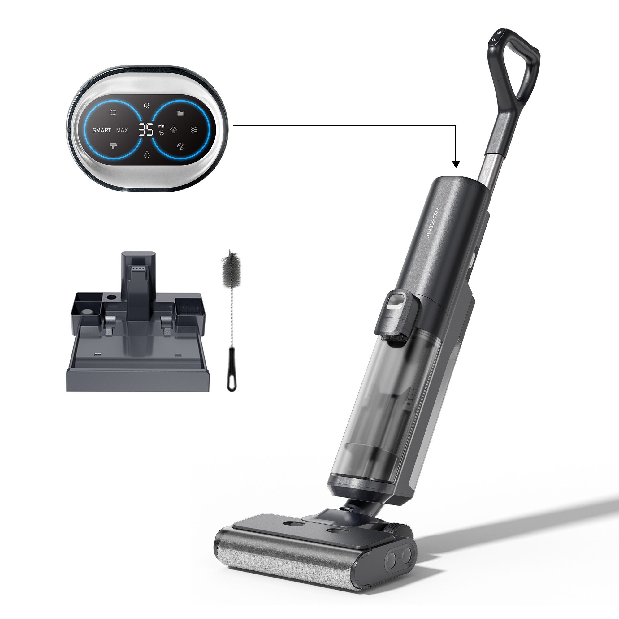 Proscenic Nass-Trocken-Akkusauger F20 A Saugwischer kabellos mit 2L Frisch und Schmutzwassertank, 300 W, beutellos, LED-Display mit Wischfunktion zum Reinigen