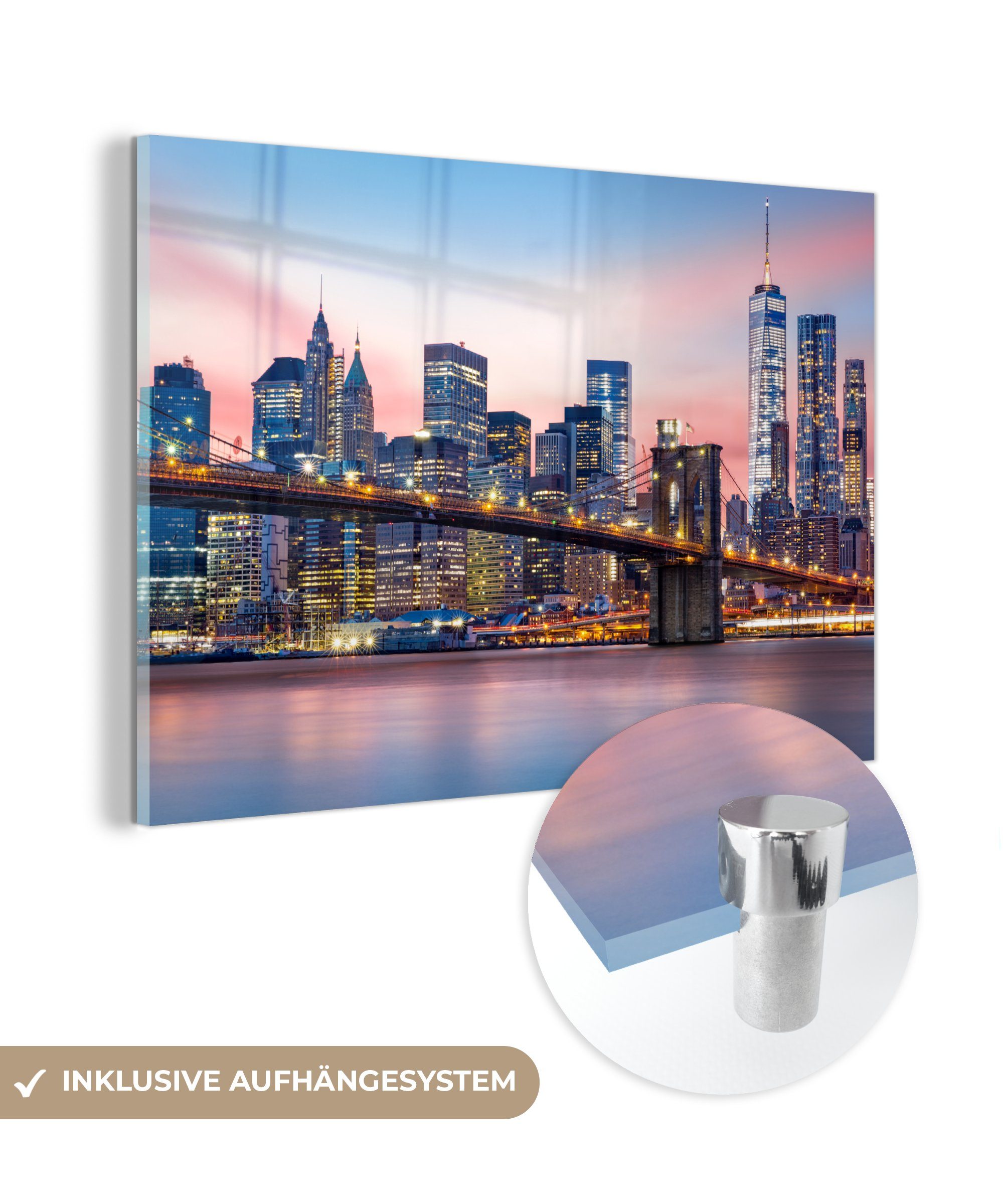 MuchoWow Acrylglasbild New York - Brooklyn-Brücke - Beleuchtung, (1 St), Acrylglasbilder Wohnzimmer & Schlafzimmer
