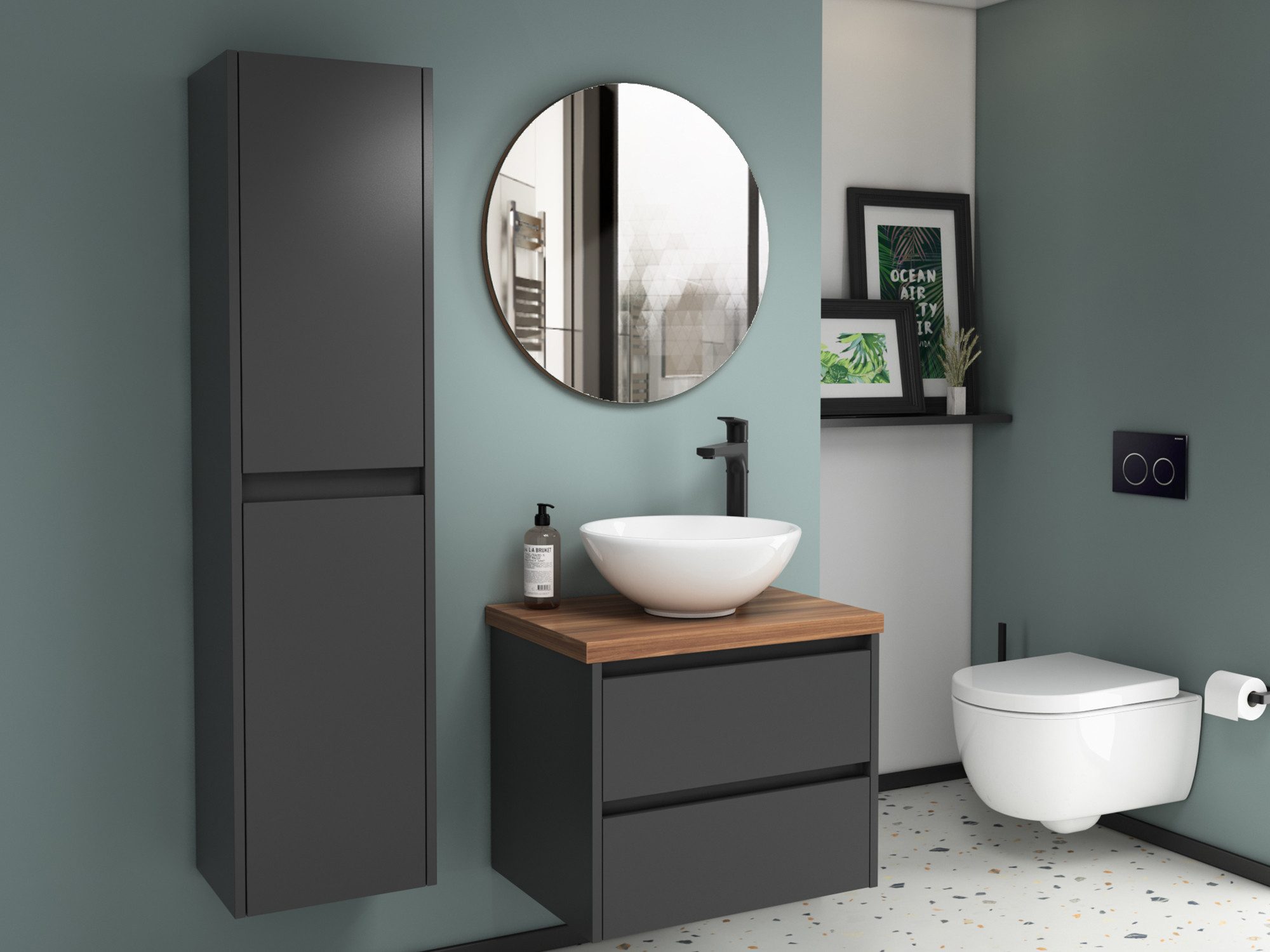 Aqua Bagno Badmöbel-Set Duo Badmöbel 60 cm Anthrazit Matt Lackiert mit Trägerplatte & Keramik, (Badschrank vormontiert, 3-St., Badmöbelschrank mit Trägerplatte, Waschbecken), einfache Montage