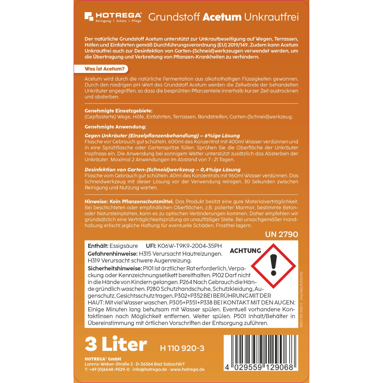 HOTREGA® Unkrautbekämpfungsmittel Grundstoff Acetum Unkrautfrei, Unkrautbeseitigung, 3000 ml, 1 St.