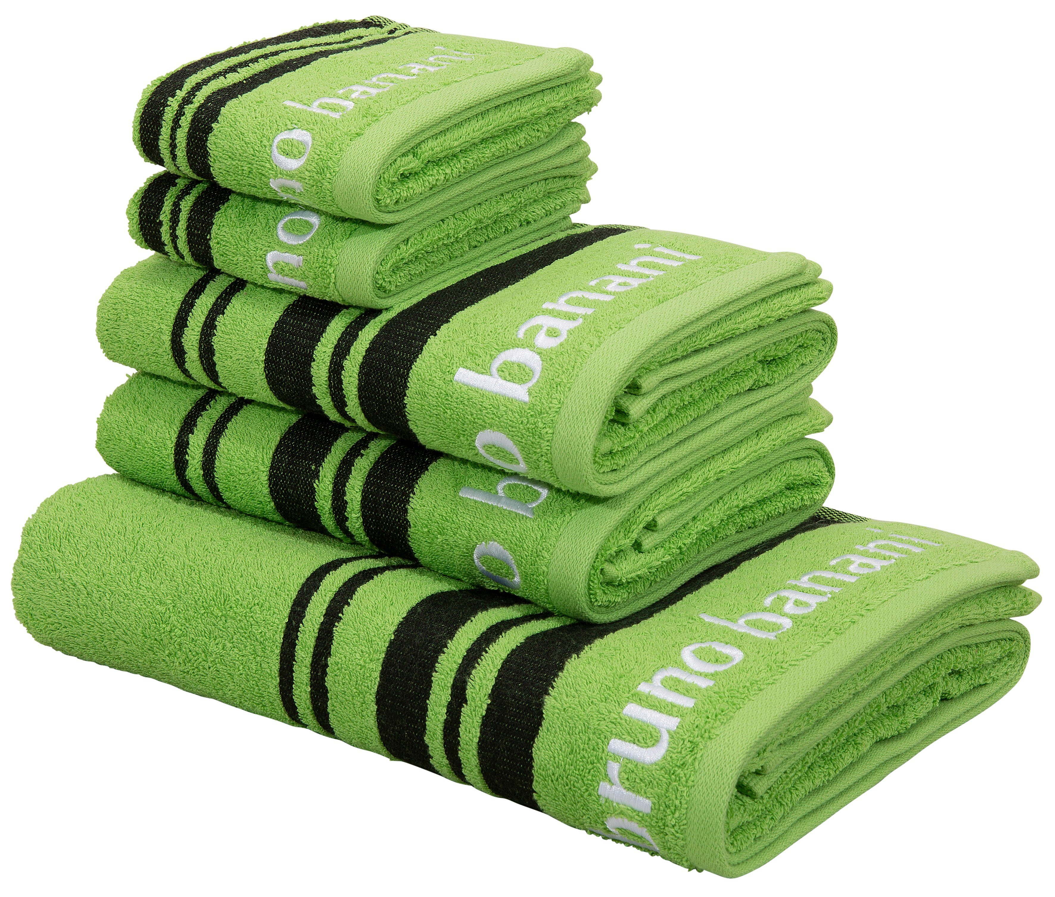 Bruno Banani Handtuch Set Daniel, 1 Duschtuch 70x140, 2 Handtücher 50x100, 2 Gästetücher 30x50, Walkfrottee (Set, 5-St), Streifen-Bordüre & Markenlogo, weich, 100% Baumwolle