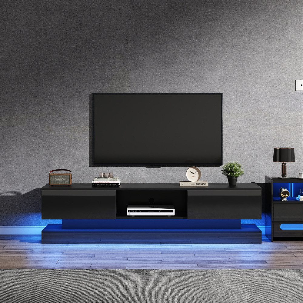 autolock TV-Schrank Schwarzer Hochglanz-TV-Ständer mit LED-Beleuchtung, 2 Schubladen Anti-Kipp-Design, geeignet für 60-Zoll-Fernseher, TV-Schränke