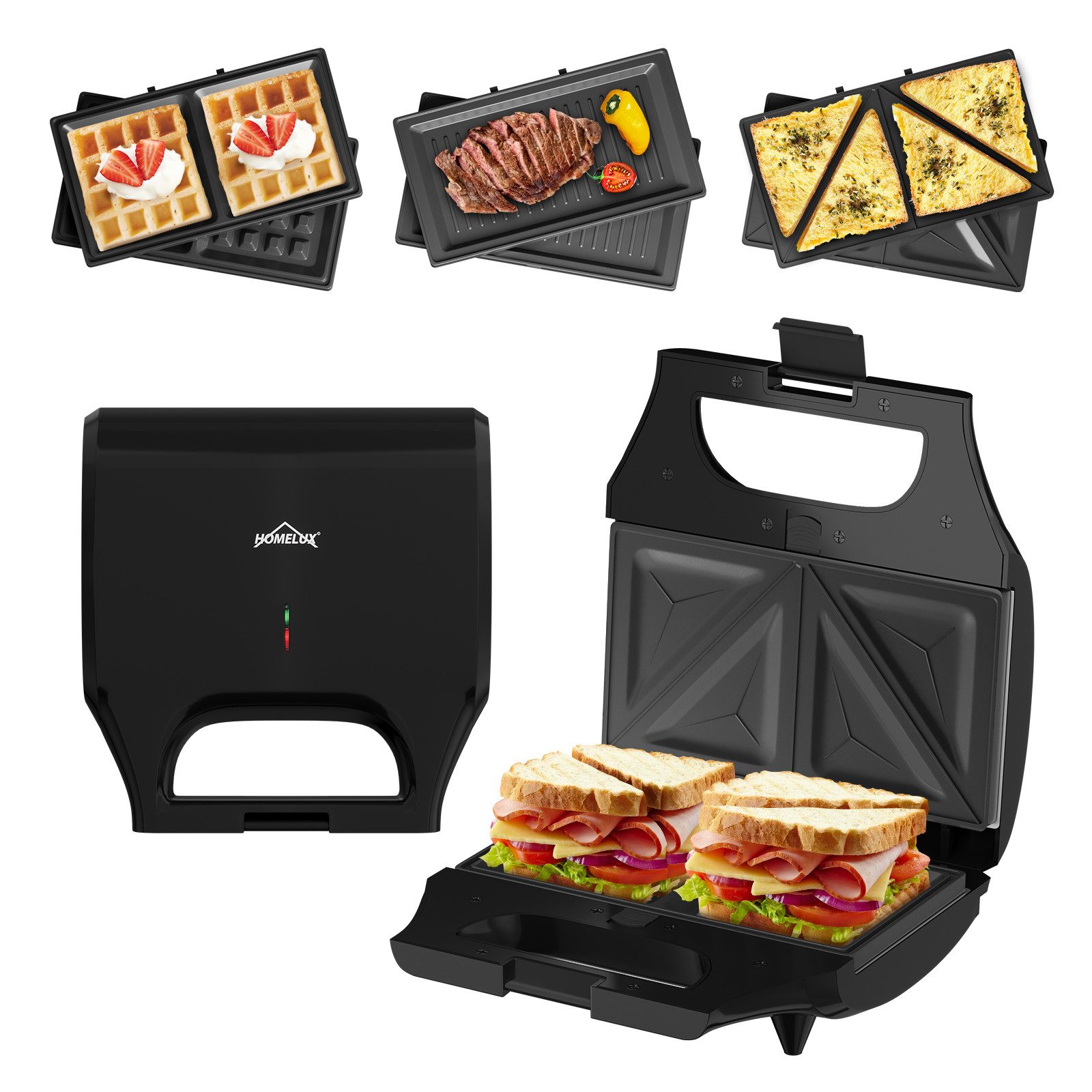 HOMELUX 3-in-1-Sandwichmaker Sandwich-Toaster Waffeleisen Grill Ultracompact, 800 W, Antihaftbeschichtet, Schnelles und Gleichmäßiges, Leichte Reinigung