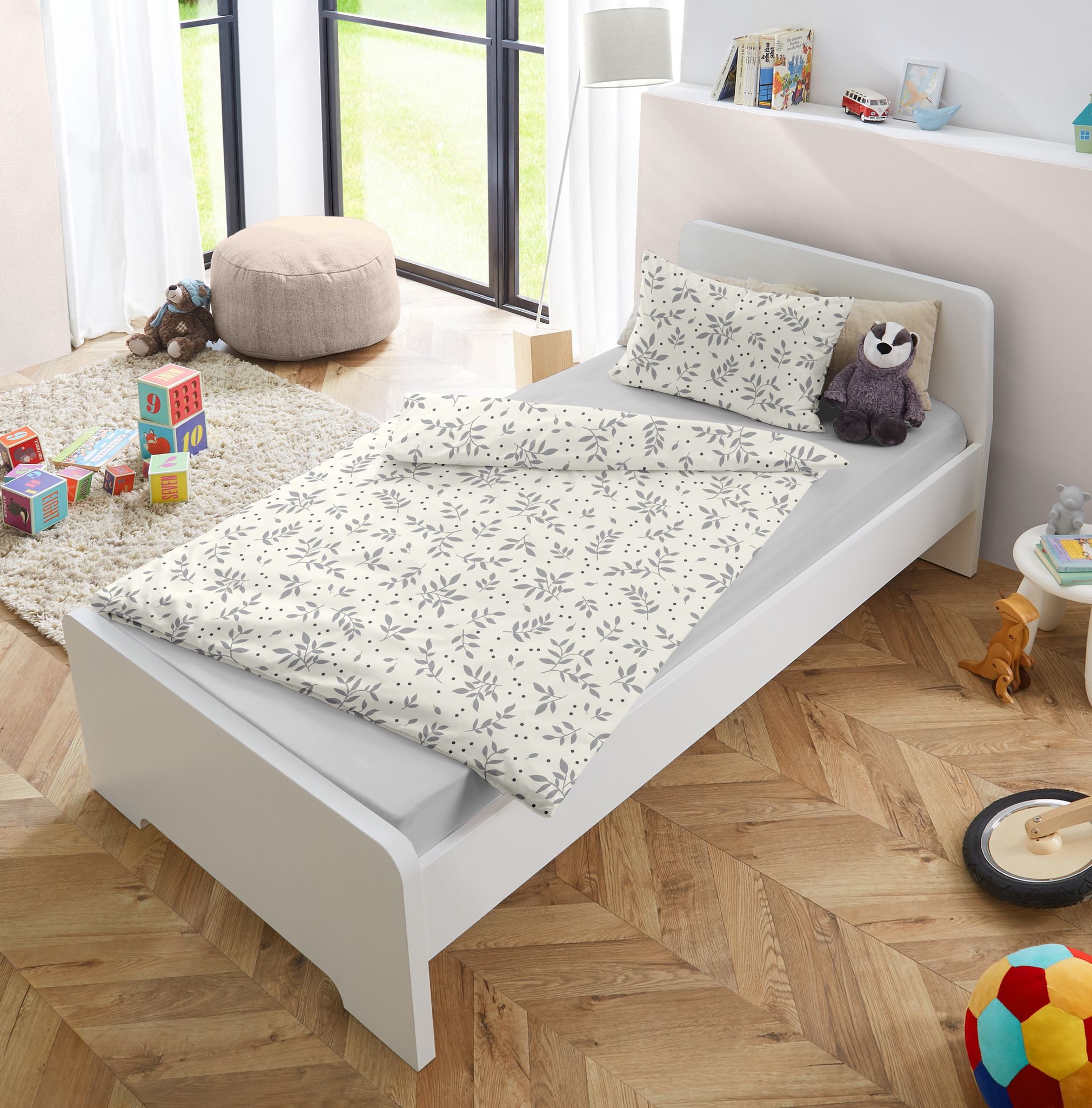 JACK Babybettwäsche 100x135cm Floral Neutrale Natur Weiß Grau, Biber, 2 tei günstig online kaufen