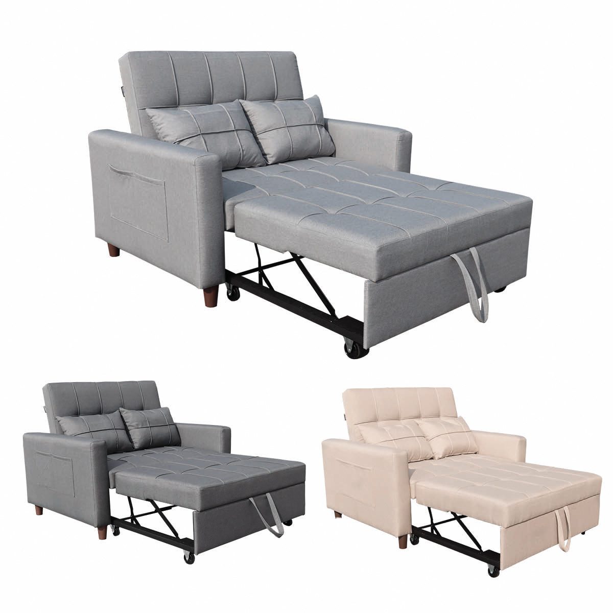 AMBINESS Schlafsofa 3in1, Einsitzer oder Zweisitzer, Sofa, Chaise Longue und Gästebett, 3 Farben, Liegefläche 200cm, 220g/m² Leinenstoff