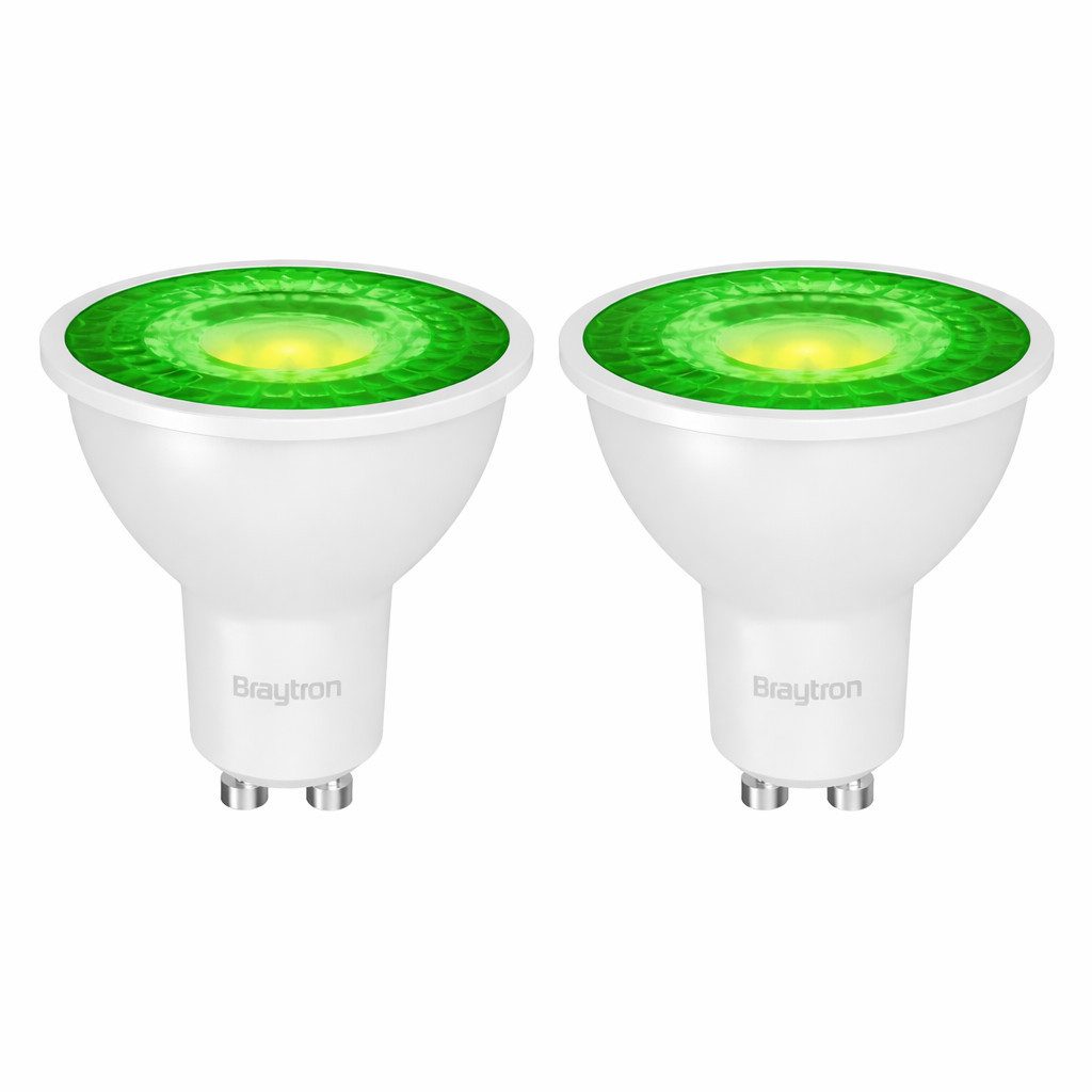 Braytron LED-Leuchtmittel GU10 Rot Blau Grün Gelb7W 38° Deko Party Garten Signal Event Licht, GU10, Grün, Energieeffizient, Flimmerfrei, Langlebig, 2er Set
