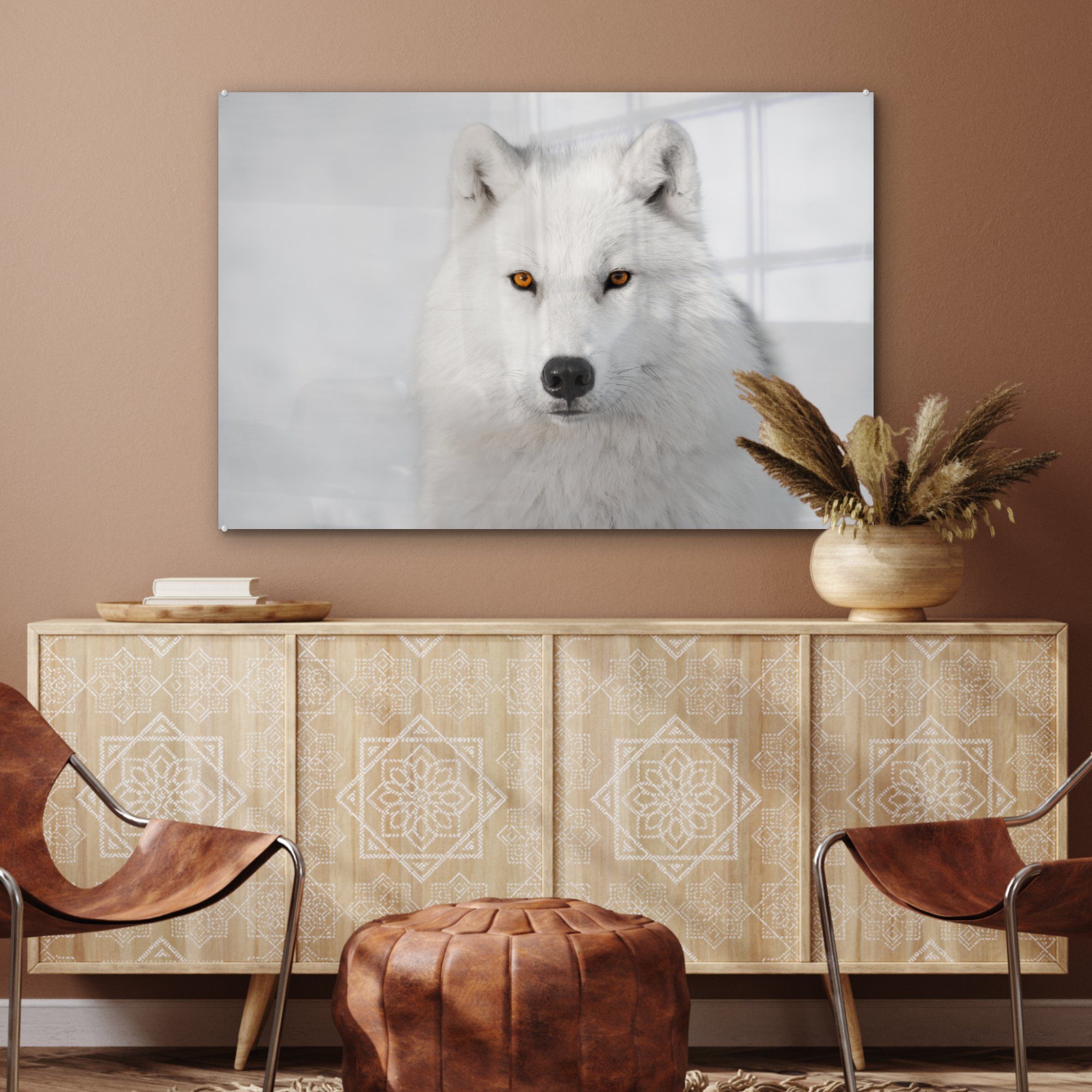 Acrylglasbild Acrylglasbilder weißem St), Wohnzimmer Schlafzimmer MuchoWow & (1 Wolf Hintergrund, Weißer auf
