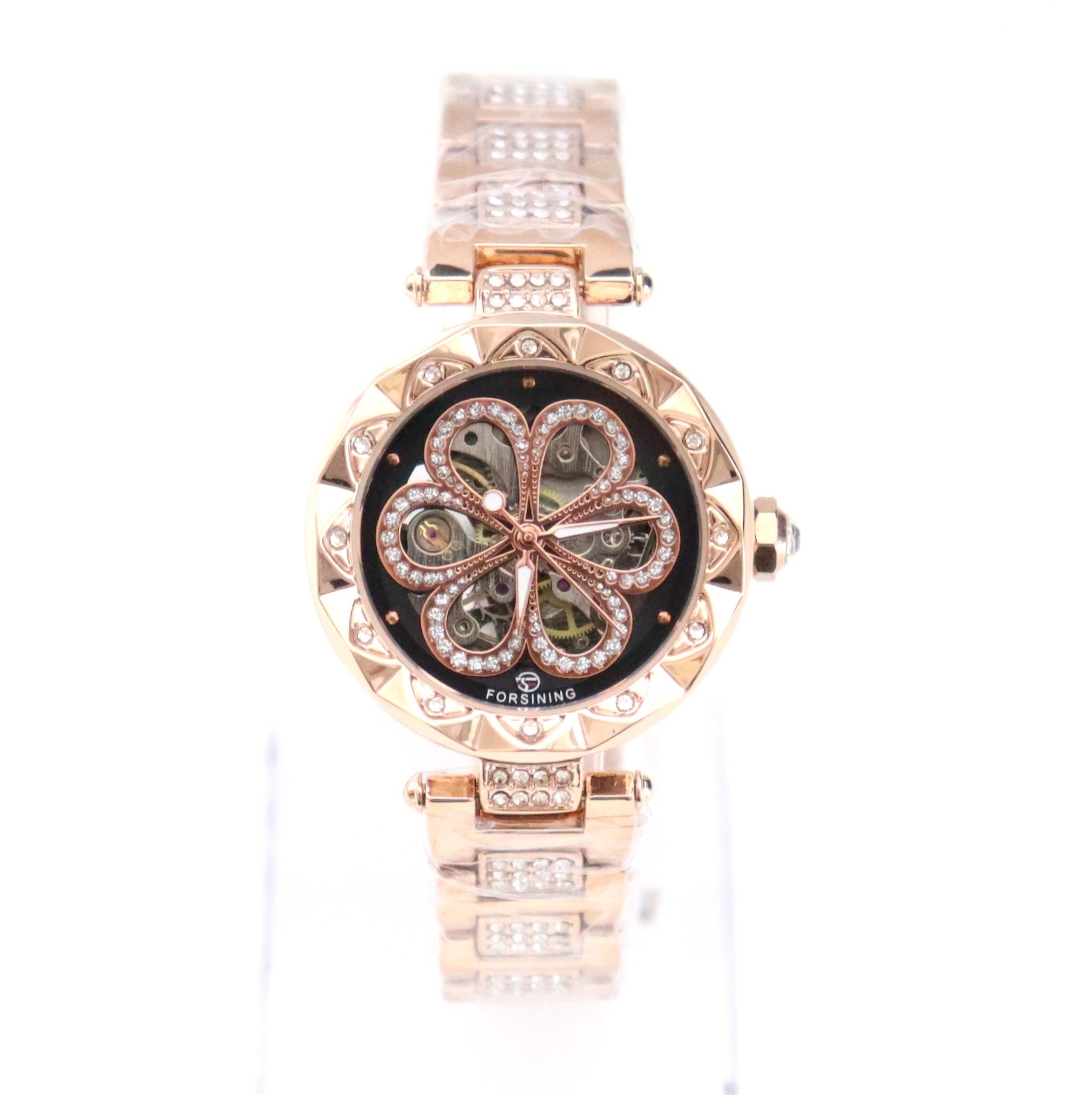 Automatikuhr Damenuhr Marke Forsining Rhinestone Besatz goldrosefarbenes Design