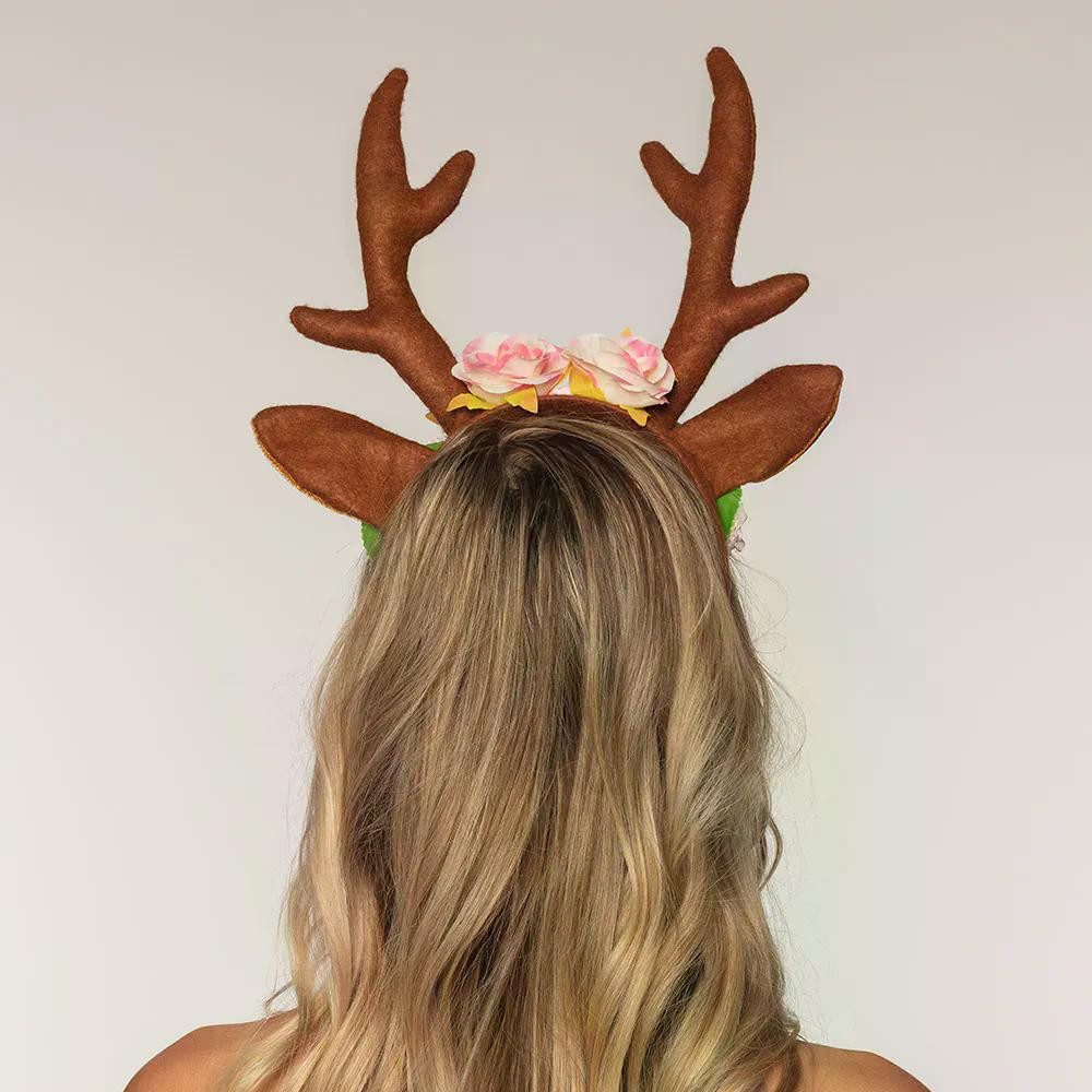 Boland Kostüm Diadem Lovely Reindeer Rentier Haarreif mit Geweih und Blumenkranz, Geweih mit Ohren und liebevollem Blumenkranz aus Stoffrosen