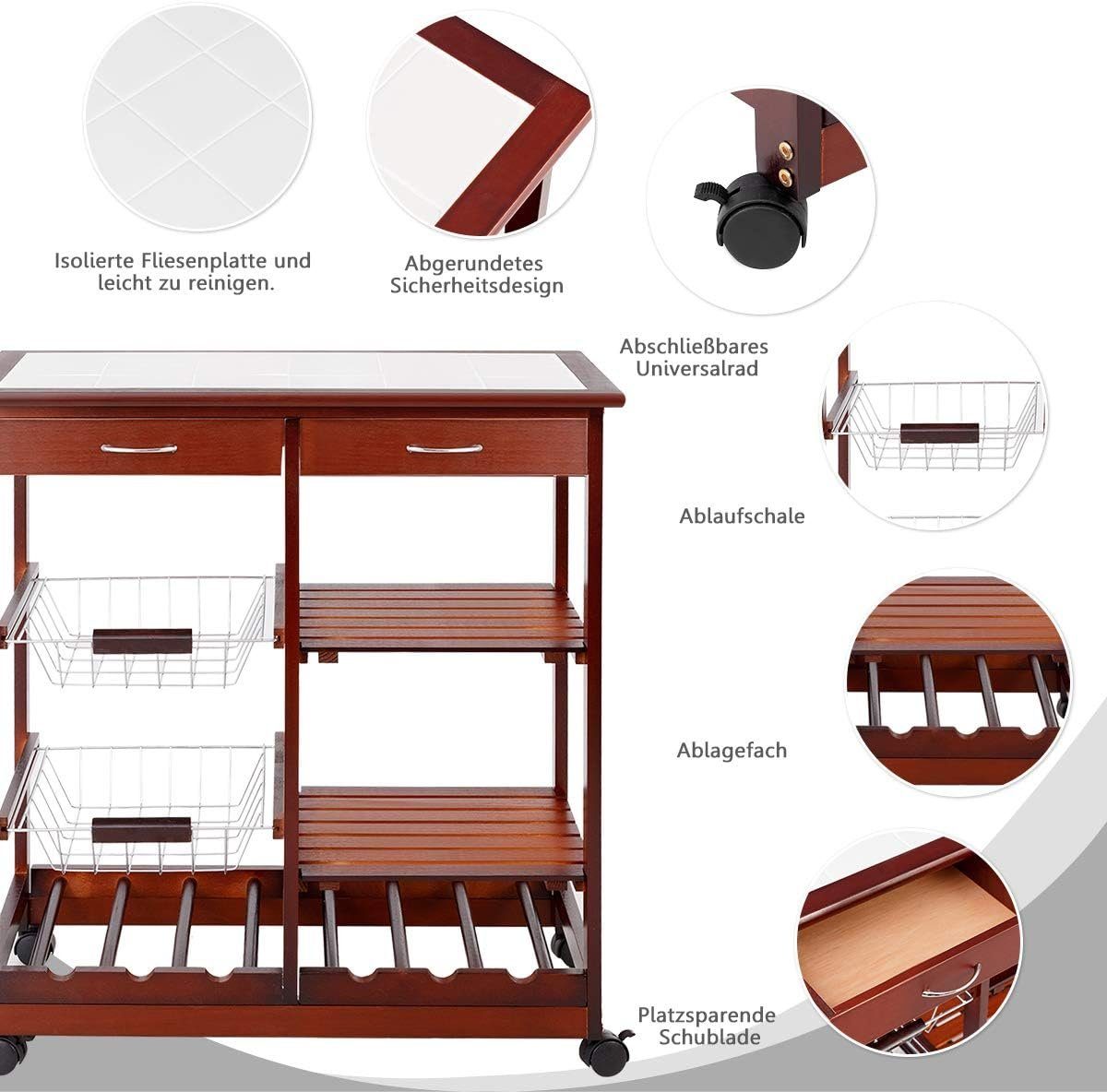 Küchentrolley, 4 Schubladen, cm Holz, Servierwagen 67x37x76 rot KOMFOTTEU mit Rollen, Küchenwagen, mit aus