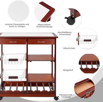 KOMFOTTEU Servierwagen Küchenwagen, Küchentrolley, mit Schubladen, mit 4 Rollen, aus Holz, 67x37x76 cm