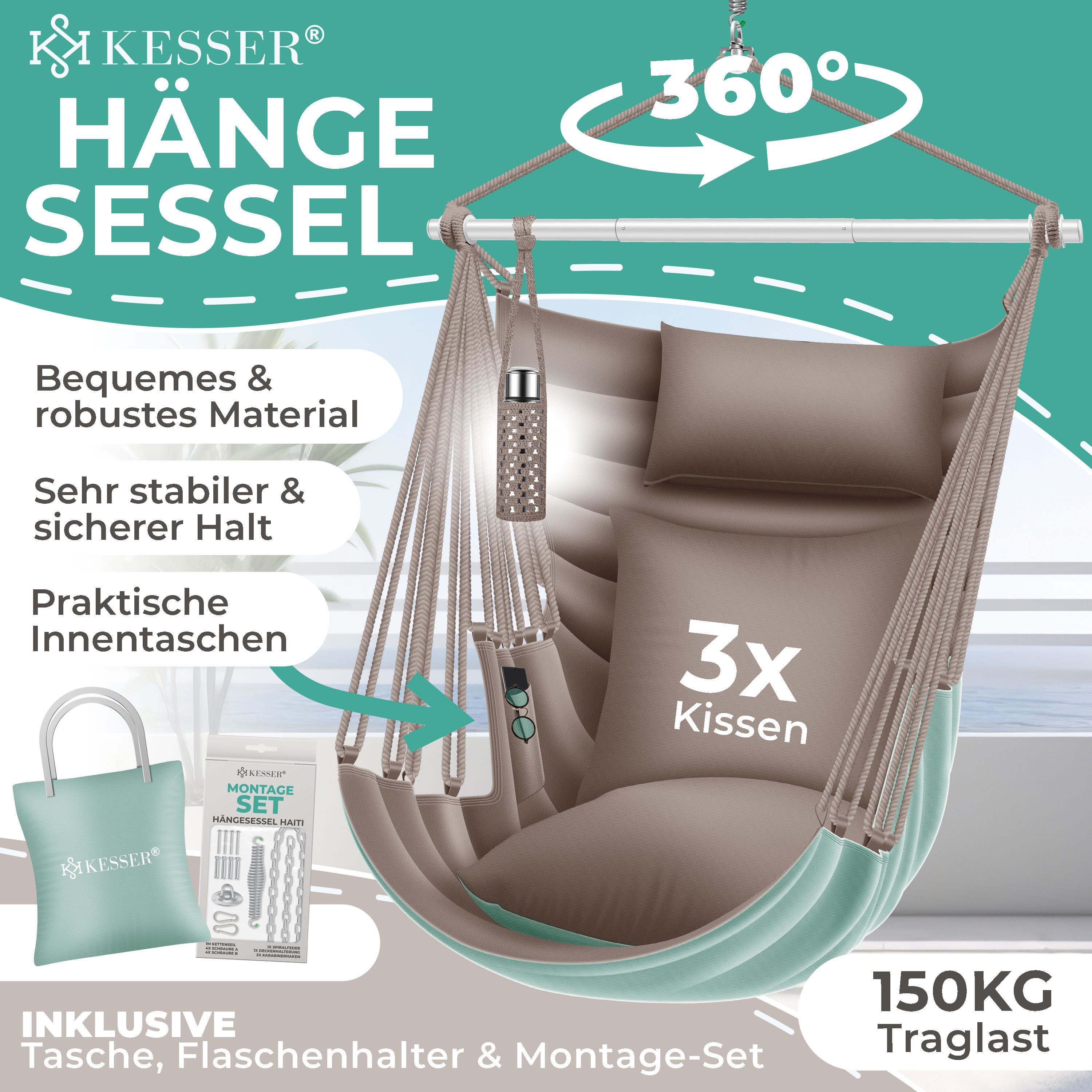 KESSER Hängesessel Haiti 150kg Traglast, Indoor & Outdoor Hängestuhl (Hängeschaukel mit 2 Kissen, Tragetasche, Flaschenhalter & Montage-Set), 360° Hängematte Pflegeleicht, UV-beständig & Wasserfest