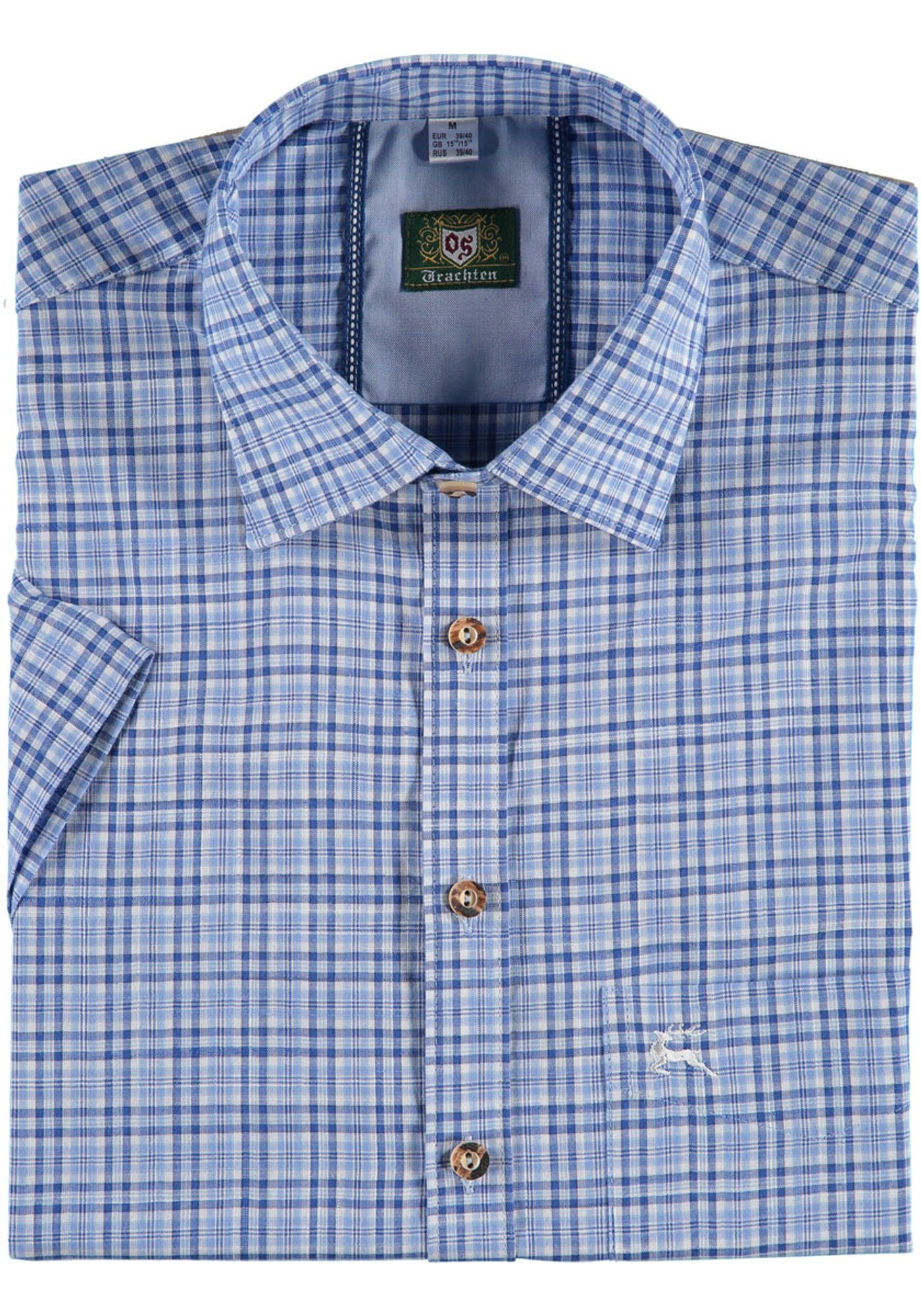 OS-Trachten Trachtenhemd Gudio Herren Kurzarmhemd mit Hirsch-Stickerei auf der Brusttasche marine