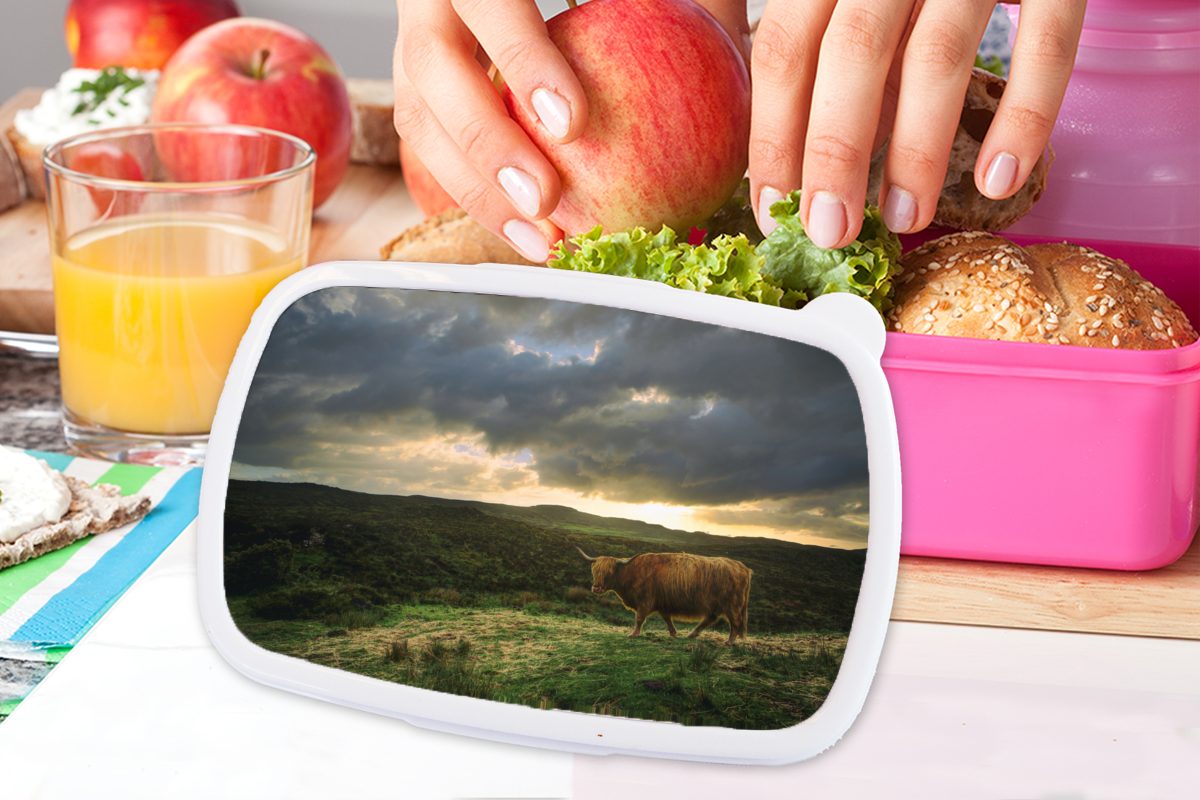 Mädchen, Snackbox, Landschaft (2-tlg), Brotbox für Schottischer - rosa Lunchbox Hochländer Kunststoff - Brotdose Kinder, Kuh, Erwachsene, Kunststoff, MuchoWow