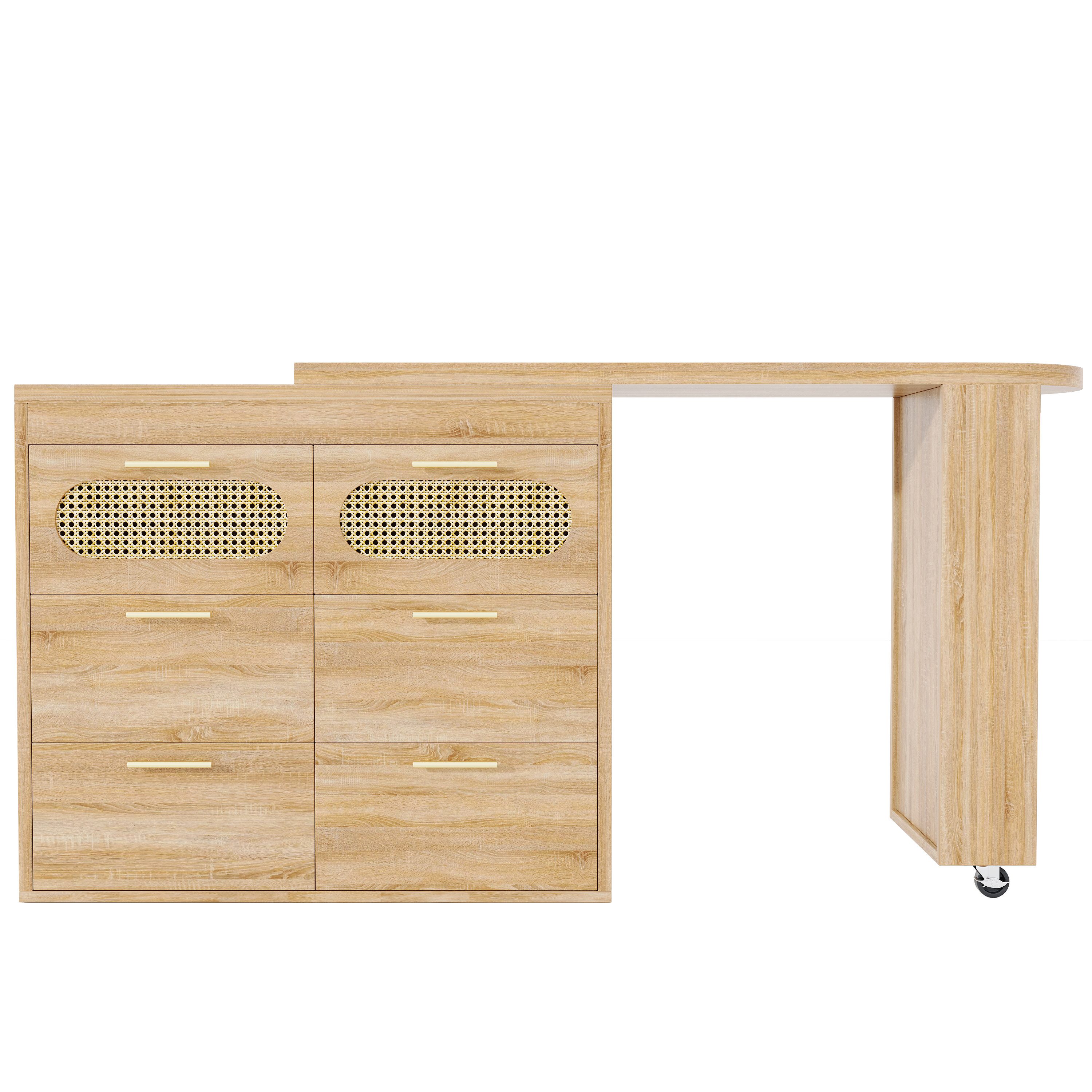 Flieks Bartisch 360° drehbar Stehtisch & Kommode mit Rattan-Schubladen (Set, 2-St., schwenkbarer Tisch mit Schrank), ausziehbar Esstisch mit Ablagen und Rollen  – Bild 4 von 5
