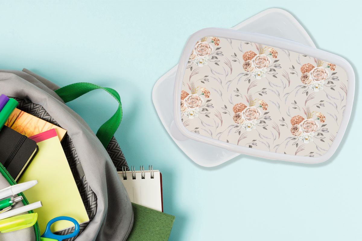 Lunchbox Muster, weiß Brotbox und MuchoWow für Blätter Kunststoff, (2-tlg), Mädchen - und Erwachsene, Kinder - Brotdose, Rosen Jungs für