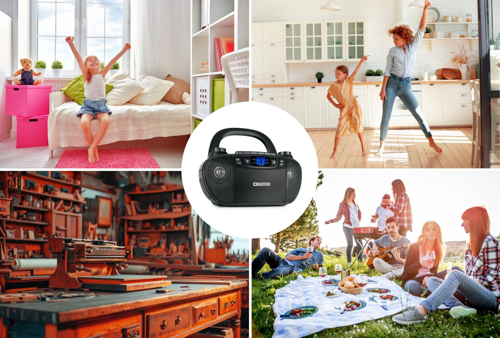 Beatfoxx CDB-1016U BK Bluetooth CD-Player, UKW/MW-Radio, USB und Kassette Boombox (2,4 W, Musikgenuss für zu Hause und unterwegs)