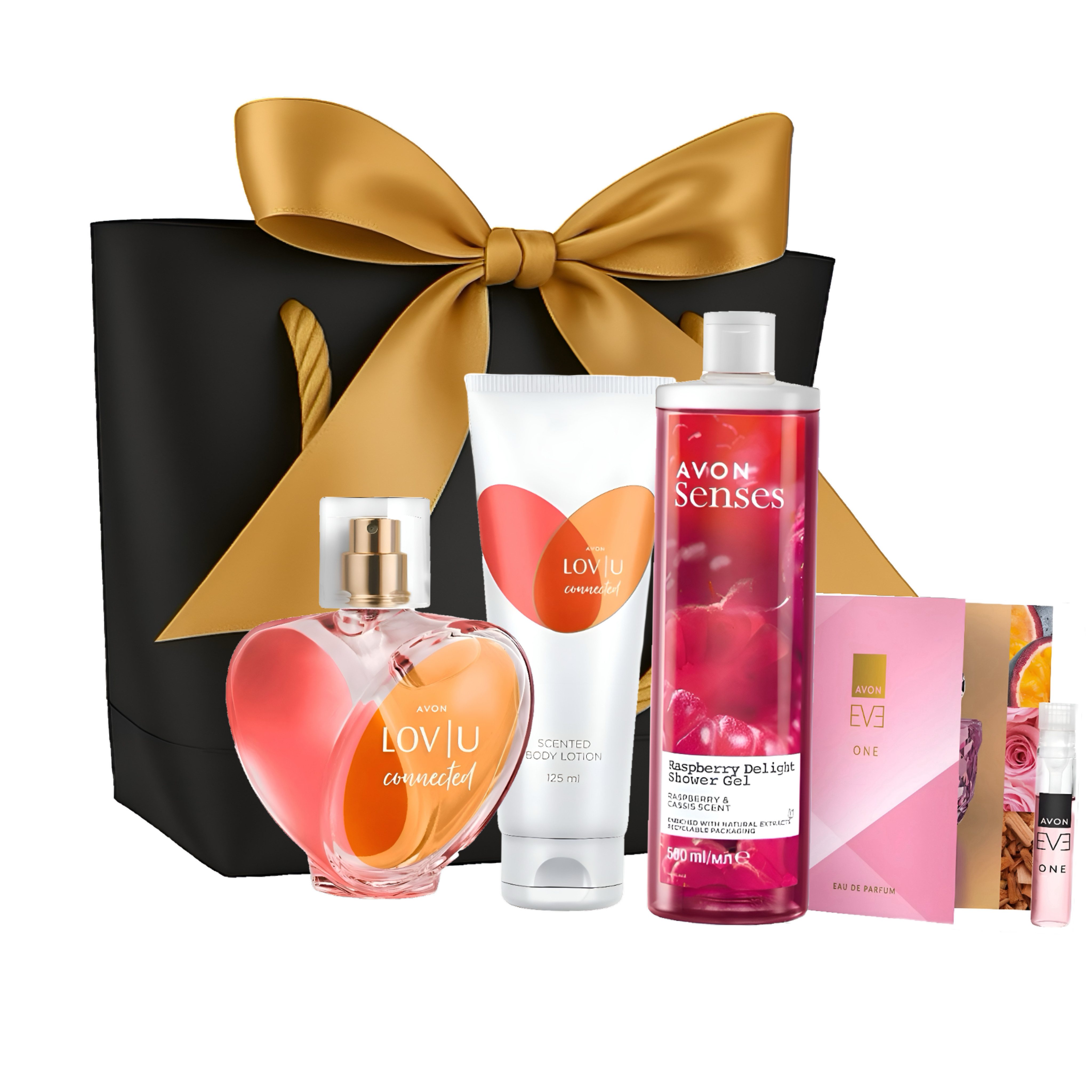 AVON Cosmetics Pflege-Geschenkset Lov U Connected Parfum RASPBERRY DELIGHT Duschgel Geschenkset, 5-tlg., Mit natürlichem Rosenextrakt für authentischen Duft