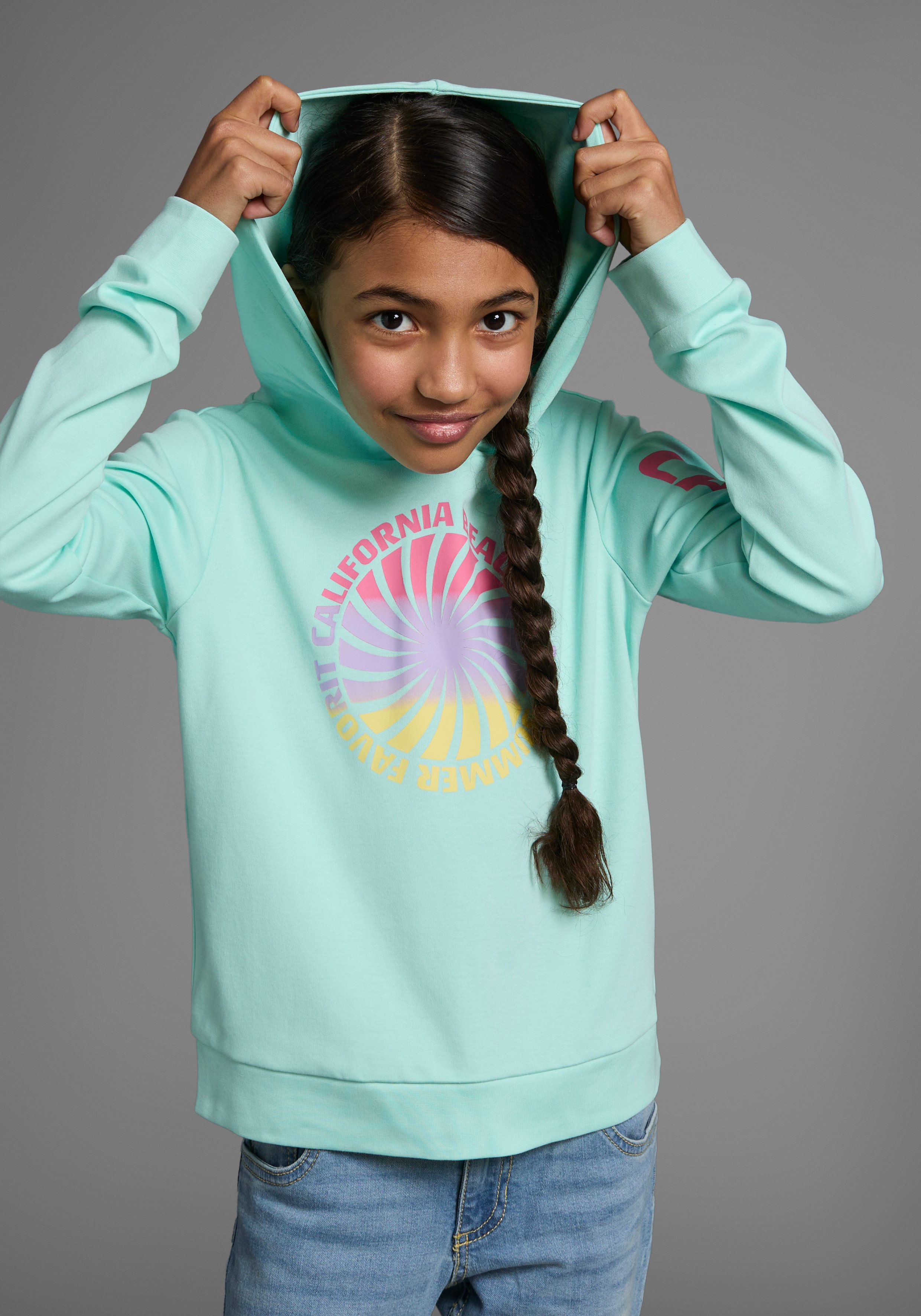 KIDSWORLD Kapuzenshirt, Langarmshirt mit Ärmelprint Langarm, gerade Passform, mit coolem Aufdruck