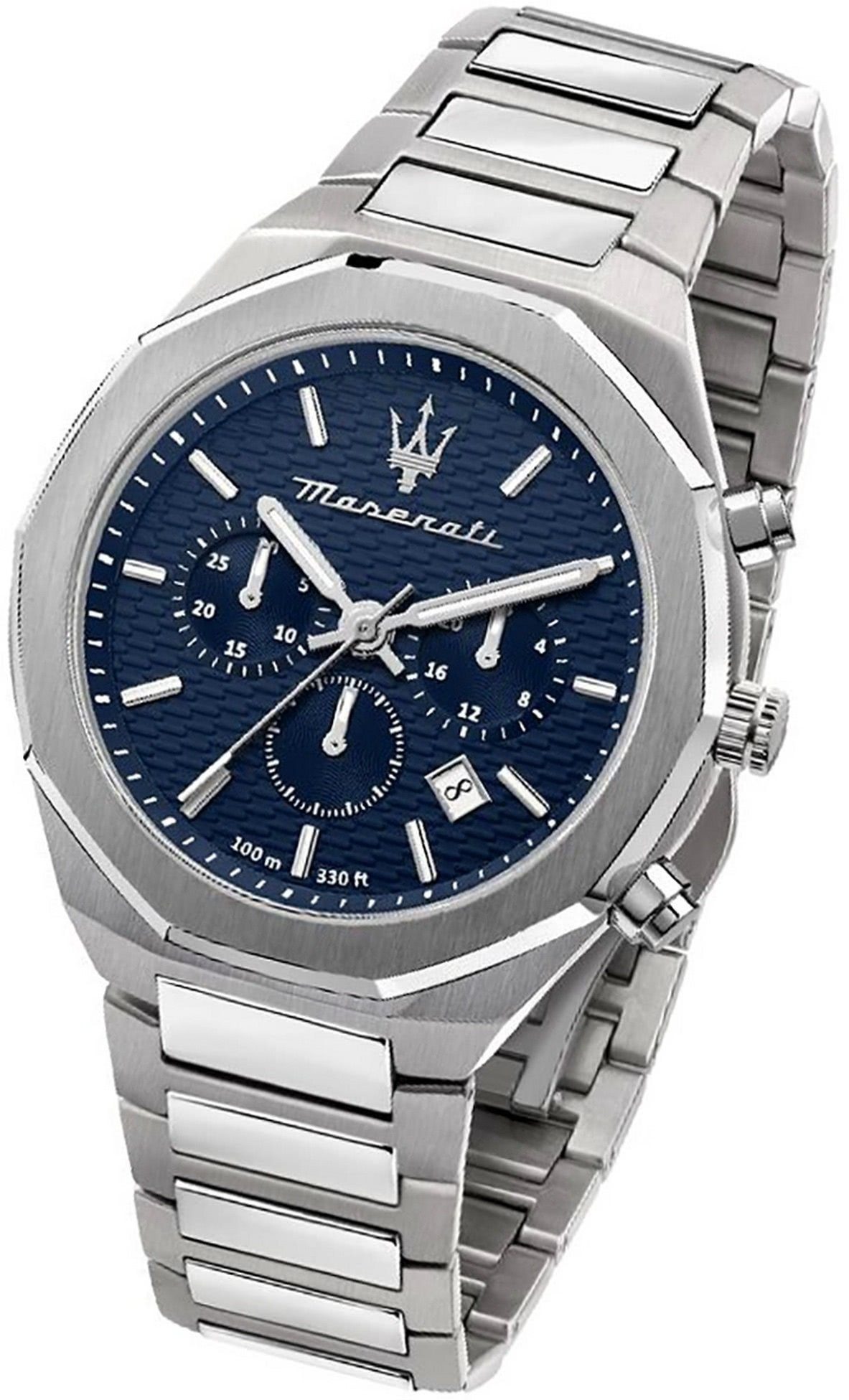 MASERATI Chronograph Maserati Edelstahl Armband-Uhr, (Chronograph), Herrenuhr Edelstahlarmband, rundes Gehäuse, groß (ca. 45mm) blau