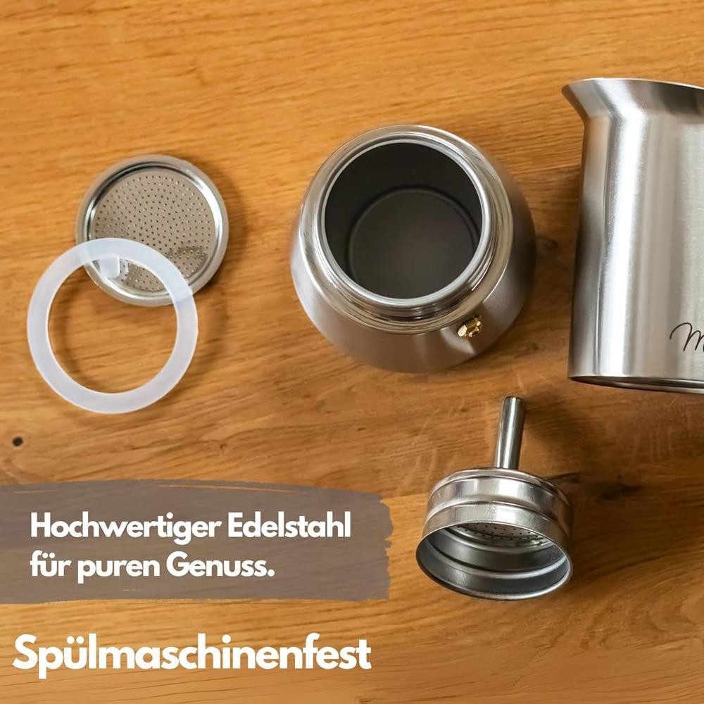Milu Espressokocher, Edelstahl 2 Tassen, 100 ml, Holzoptik Griff, 7-tlg. Set