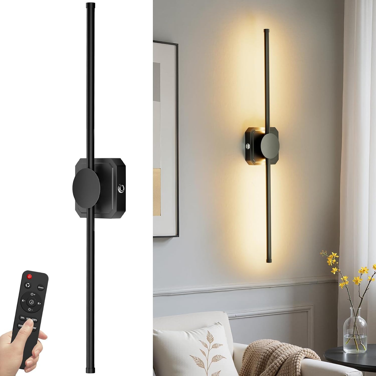 Vivitar LED Wandleuchte 28-Zoll 10.000 mAh über USB-C aufladbare mit Fernbedienung, kabellose Leuchte, Touch-Schalter, um 350° schwenkbar, stufenlos dimmbar von 20 % bis 100 %, 3 Lichtfarben, 3000 K/4000 K/6500 K, akkubetriebene Wandleuchte für Wohnzimmer, Schlafzimmer, Flur, Arbeitszimmer, Leseecke, Nachttisch, Innenbereich, moderne Wandbeleuchtun, dekorative Wandleuchte, flexible Beleuchtung, gemütliches Licht