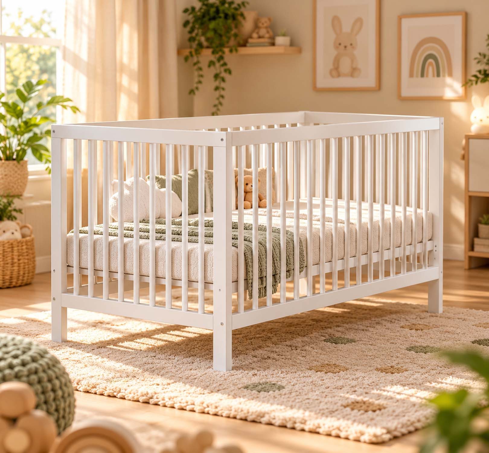 HUZK Babybett DREAMZY 60x120 cm, weiß, höhenverstellbarer mit Lattenrost, Gitterbett aus massivem Buchenholz mit 3 herausnehmbaren Sprossen