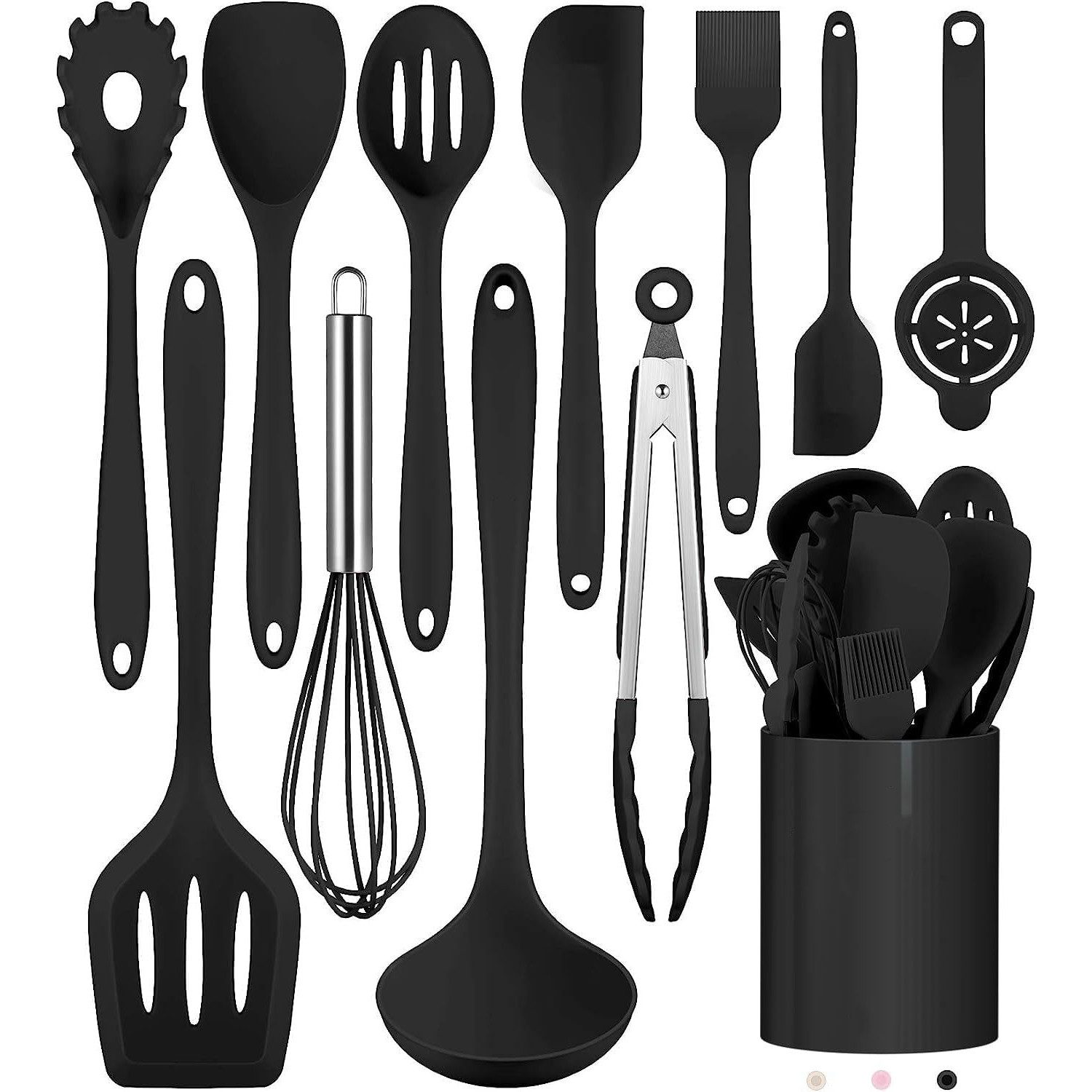 MODFU Kochbesteck-Set 12-teiliges Silikon Kochutensilien Kochbesteck Set Spülmaschinenfest (Silikonspatel Kochgeschirr Set mit Utensilienhalter, 12-tlg., Hitzebeständig, antihaftbeschichtet, BPA-freie Utensilien), Einteiliges Design und Leicht zu reinigen
