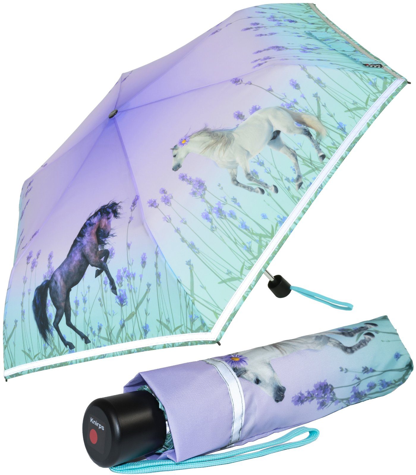 Knirps® Taschenregenschirm Kinderschirm 4Kids reflective mit Reflexborte, Sicherheit auf dem Schulweg, Pferde, Wild Horses