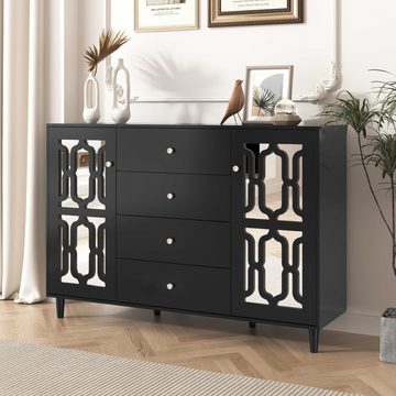 BlingBin Kommode verspiegelte Anrichte Sideboard Kommode (mit kühlen Kristallgriffen Zwei Türen, vier Schubladen), 147 L x 40 B x 102 H(cm)