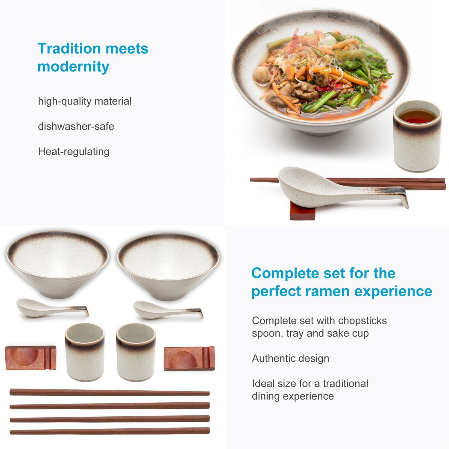 Intirilife Suppenschüssel, Keramik, (Set, 10-tlg), Ramen Schüssel Set für 2 Personen aus Keramik 1.1 Liter für Nudelsuppe