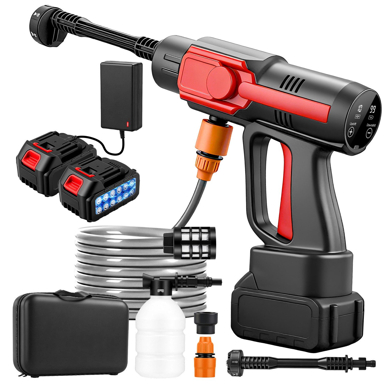 CkeyiN Akku-Hochdruckreiniger Akku-Hochdruckreiniger 70Bar 420L/h mit 6-in-1 Düse 2 Akku 21V, Druck max: 70 bar, LCD-Display,10 Stufen einstellbar,Touchtasten, für Auto,Terrasse,Rasen