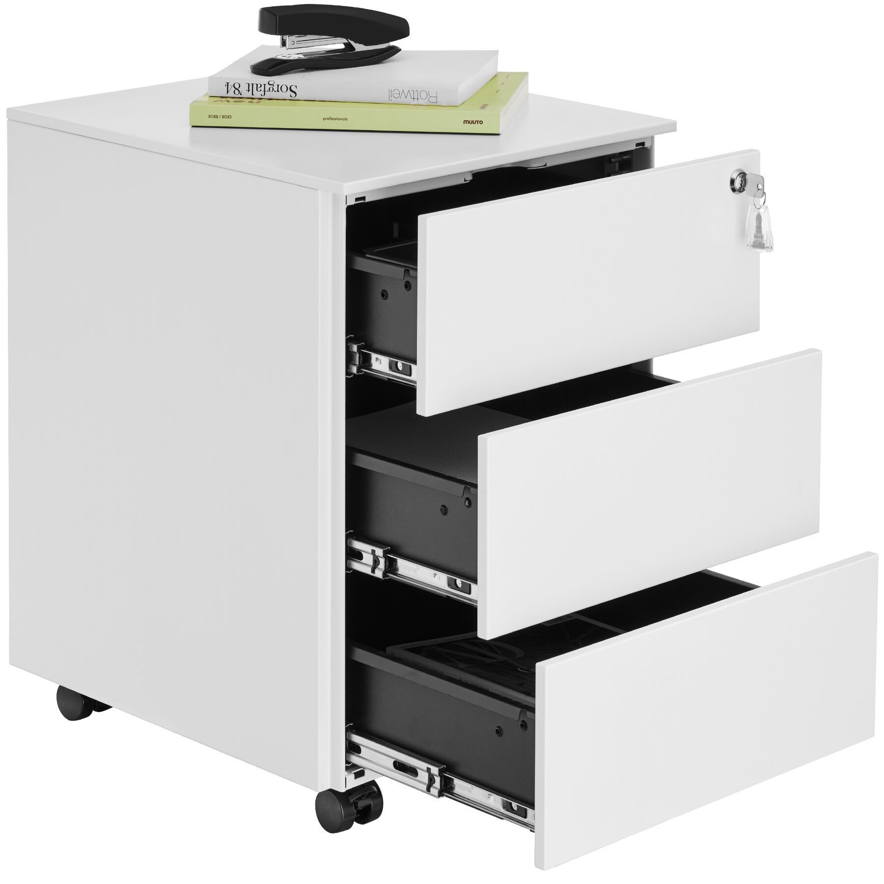 tectake Rollcontainer Aktenrollschrank, 39 x 45 x 55 cm, aus pulverbesch. Stahl, (Büroschrank Magna, in weiß), 3 Schubladen, Einsatz für Büroutensilien, abschließbar
