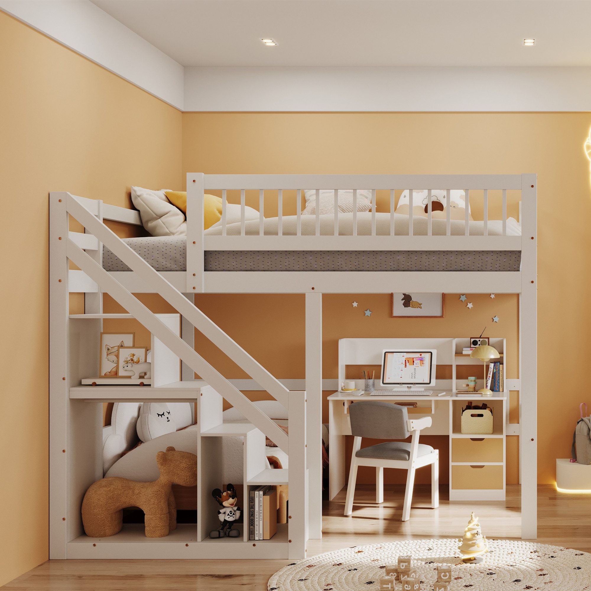 Merax Hochbett (Jugendbett mit Rausfallschutz und Lattenrost, 1-St) Etagenbett 140x200cm mit Treppe und Stauraum, Kiefernholz Kinderbett