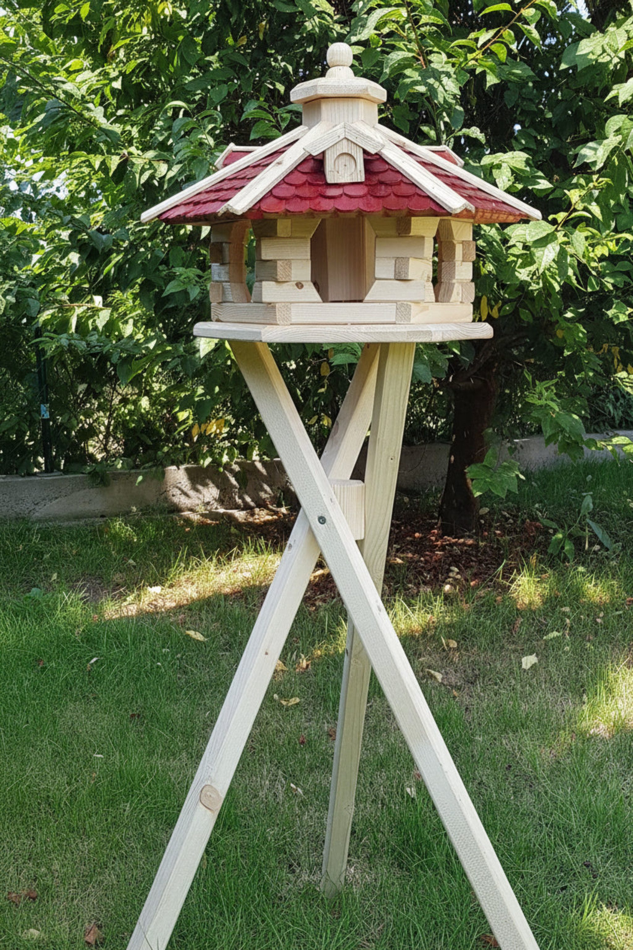 Holzdekoladen Vogelhaus Vogelhaus aus Holz wählbar mit Ständer – 6-seitig, mit Futterdosierer