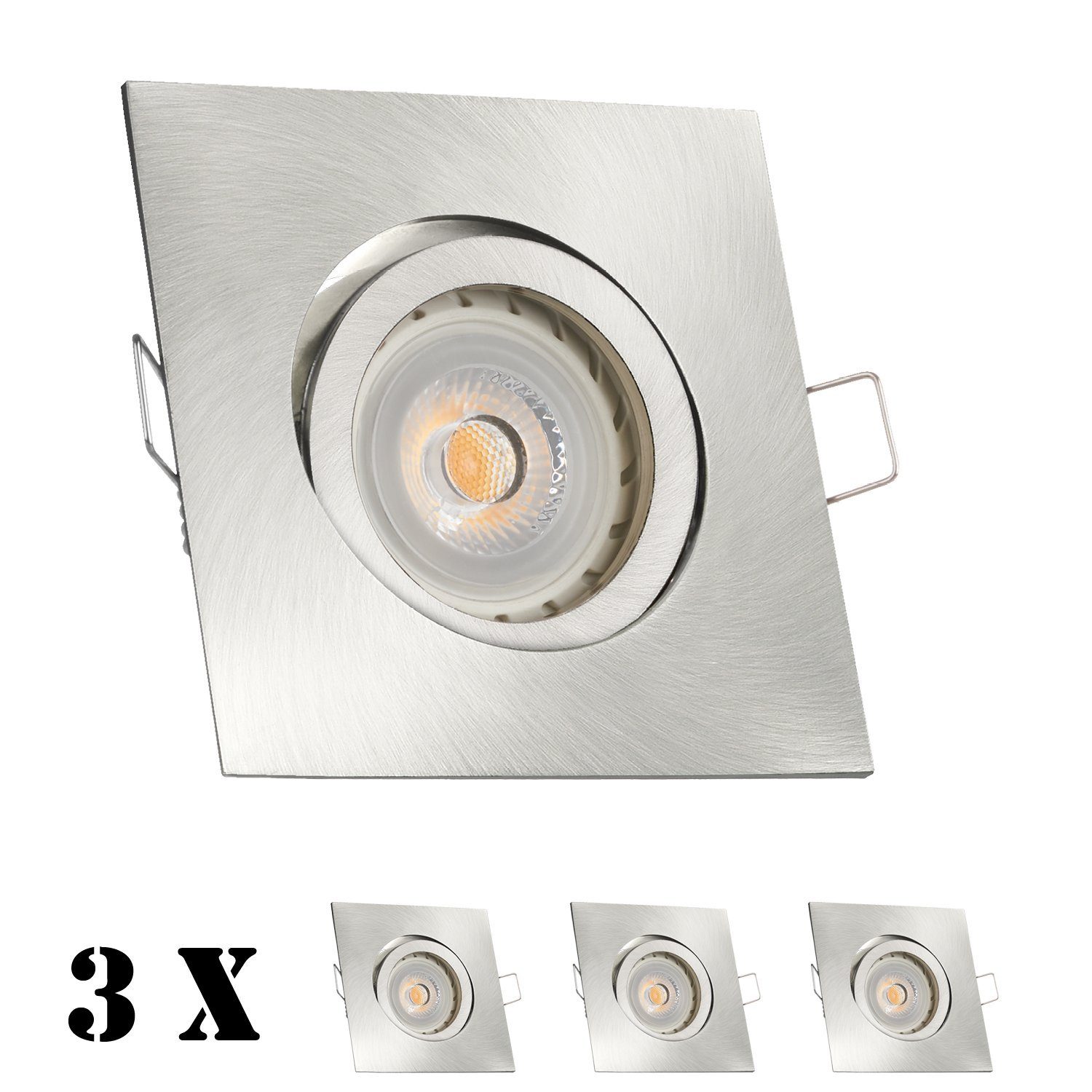 LEDANDO LED Einbaustrahler 3er LED Einbaustrahler Set Silber gebürstet mit LED GU10 Markenstrahle