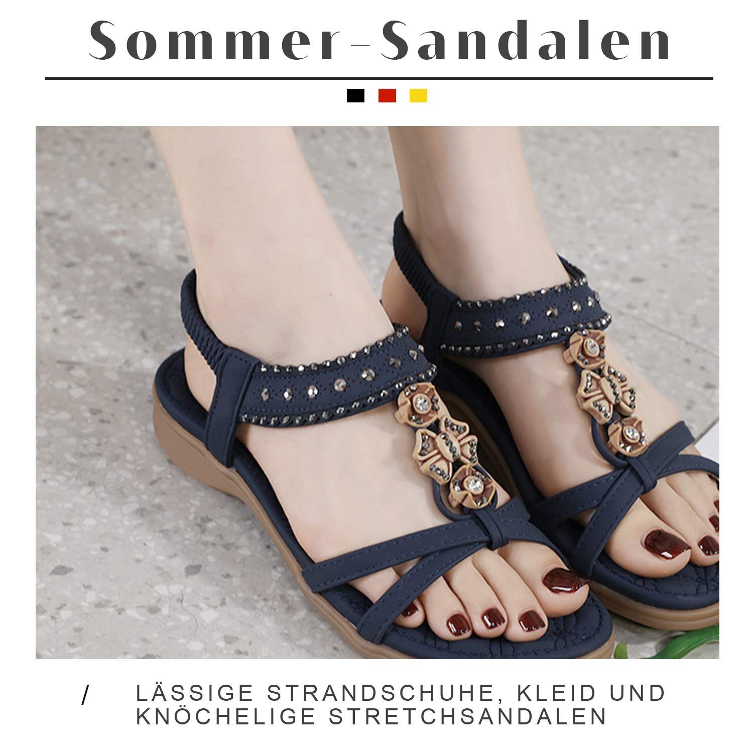 MAGICSHE Damen Sandale mit Schmuckelementen Riemchensandale elastische mit Schatz Knöchelriemen mit Blau Bequeme, Strandschuhe Elementen dekorativen