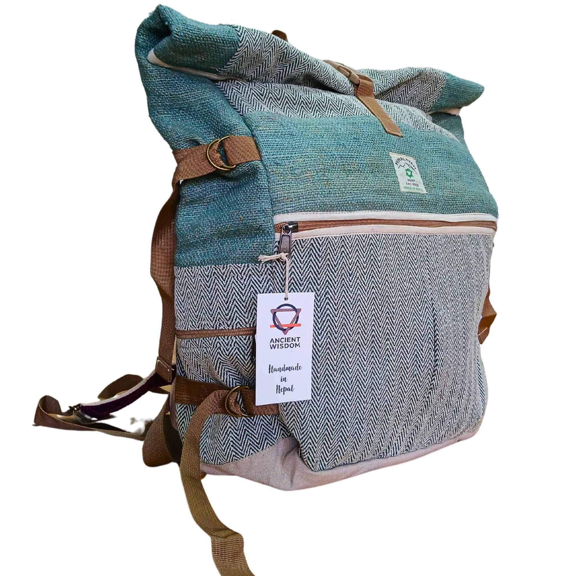 Ancient Wisdom Freizeitrucksack Rolltop Rucksack Grün Hanf Damen Herren – für Outdoor Reise City, Hanfmaterial, Handmade in Nepal, ergonomisches Design