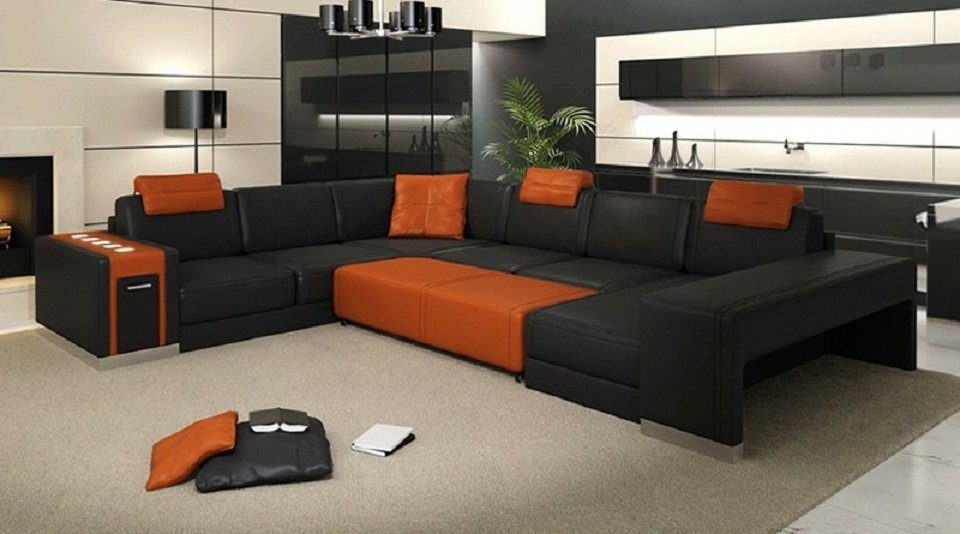 Sofa Ledersofa Schwarz/Rot Couch U Ecksofa, Form Wohnlandschaft Ecksofa JVmoebel Design Polster