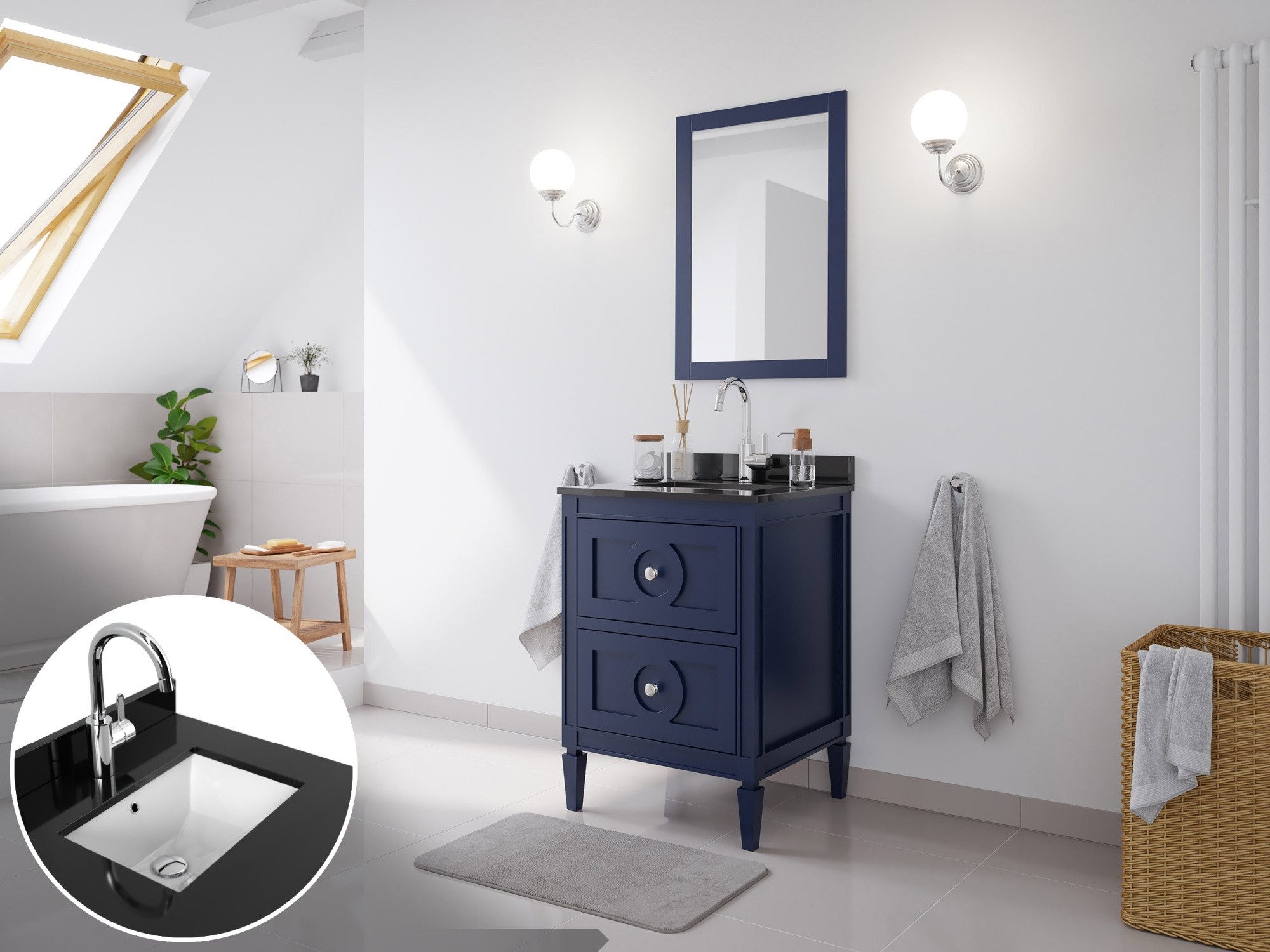 Magnolia Home Badmöbel-Set Landhaus Badmöbel-Set 2tlg Lavanda 60 Quarz schwarz montiert blau lack