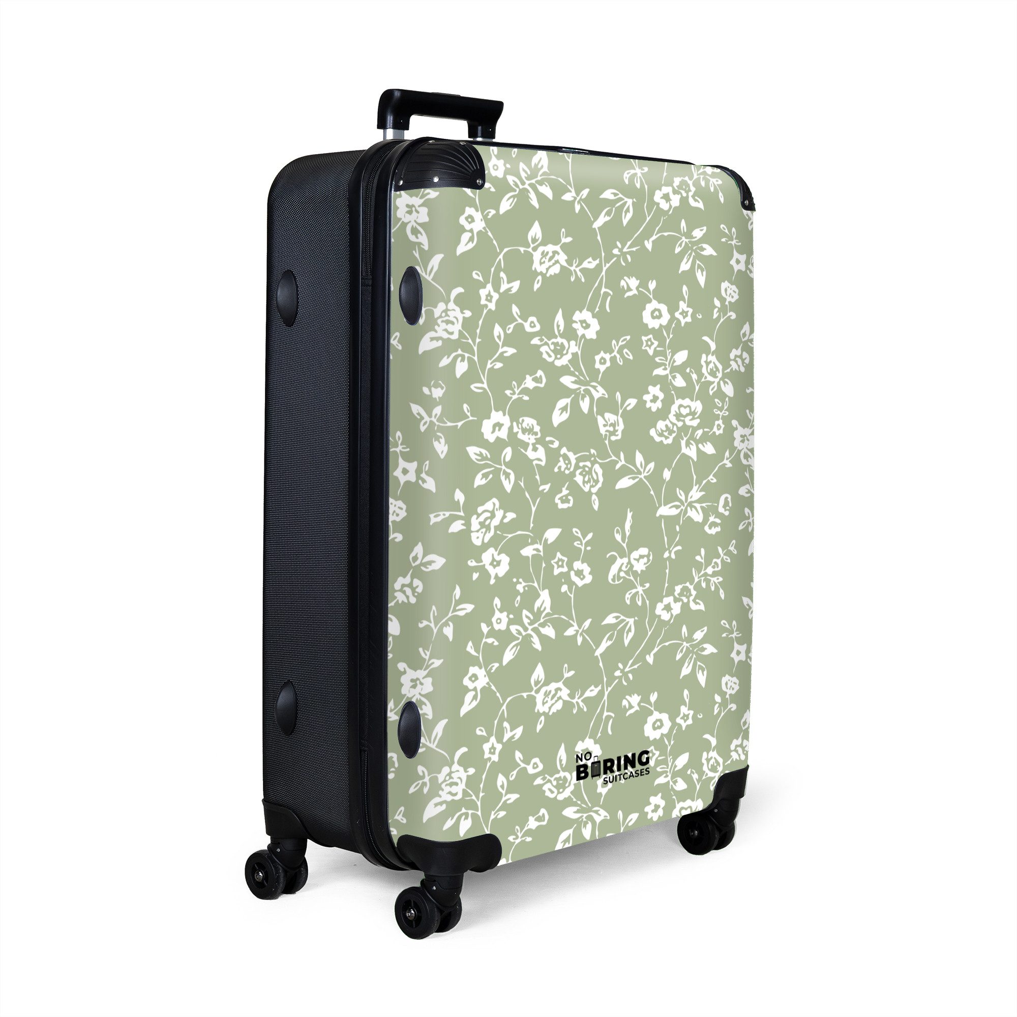 NoBoringSuitcases.com© Hartschalen-Trolley Hellgrün mit weißen Blüten günstig online kaufen