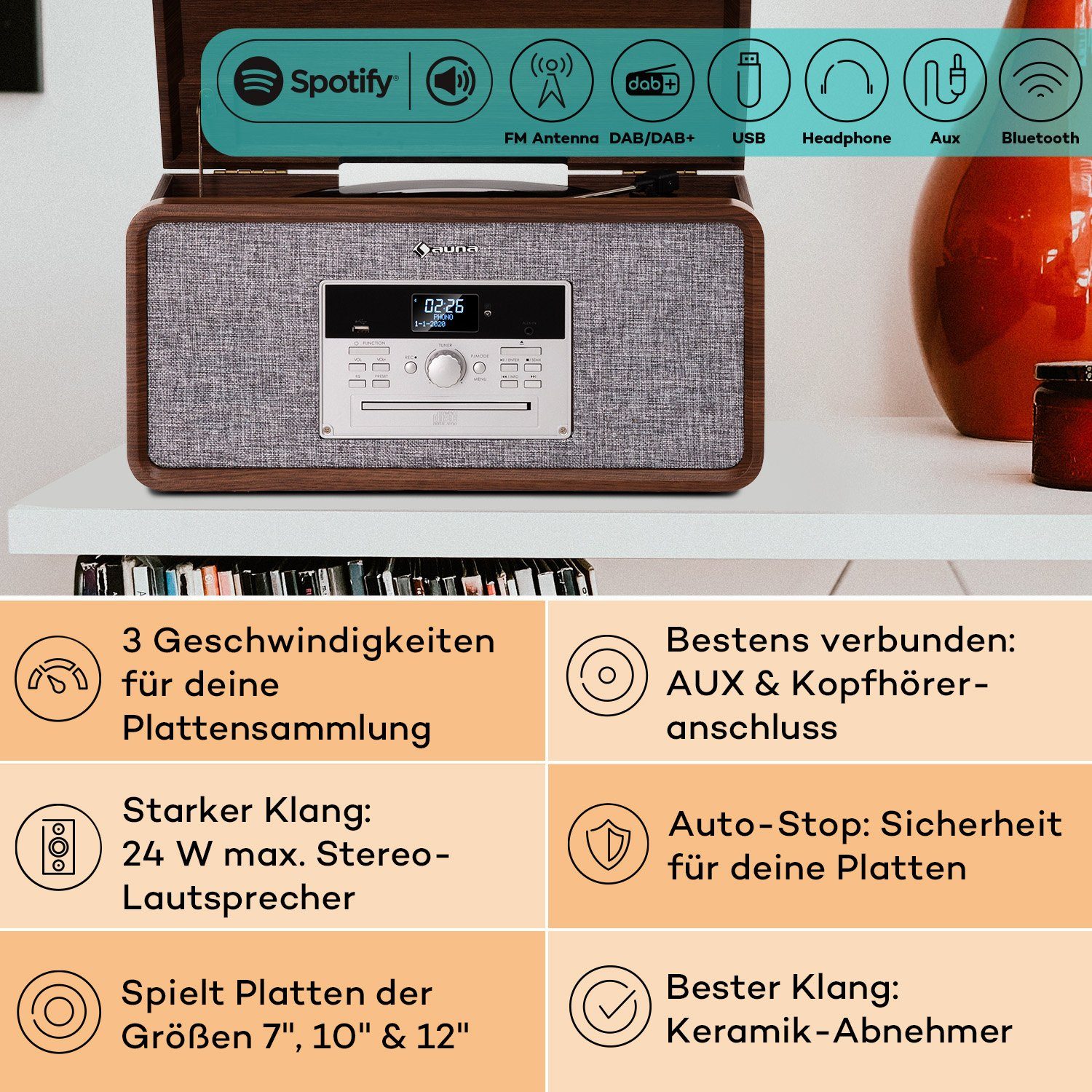 Auna Mary Ann Retro Audio CD Player Plattenspieler (Riemenantrieb, Bluetooth;CD, DAB+ UKW Radio MP3 Player Fernbedienung) Braun