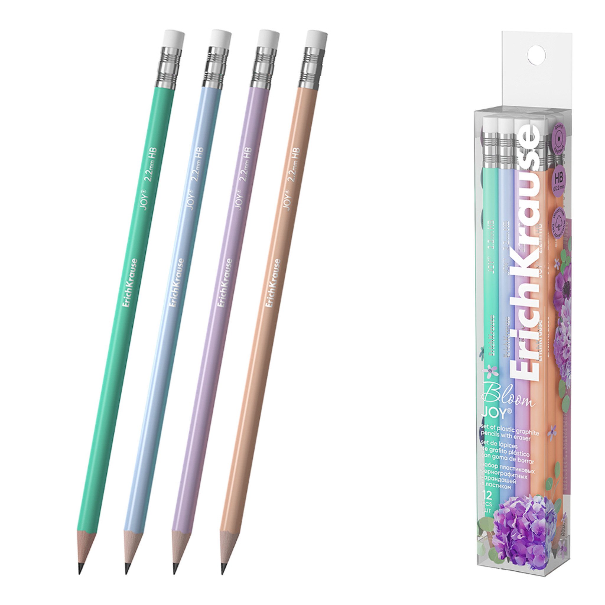 Erich Krause Bleistift, Bleistifte HB mit Radiergummi Pastell 12 Stück