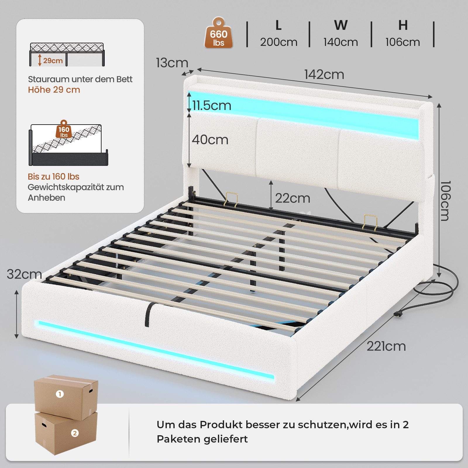 MSMASK Polsterbett mit Steckdosen und LED-Beleuchtung, Doppelbett mit Stauraum Kopfteil (1-tlg., Ohne Matratze), Hydraulik-Stauraumbett, Jugendbett 140x200cm