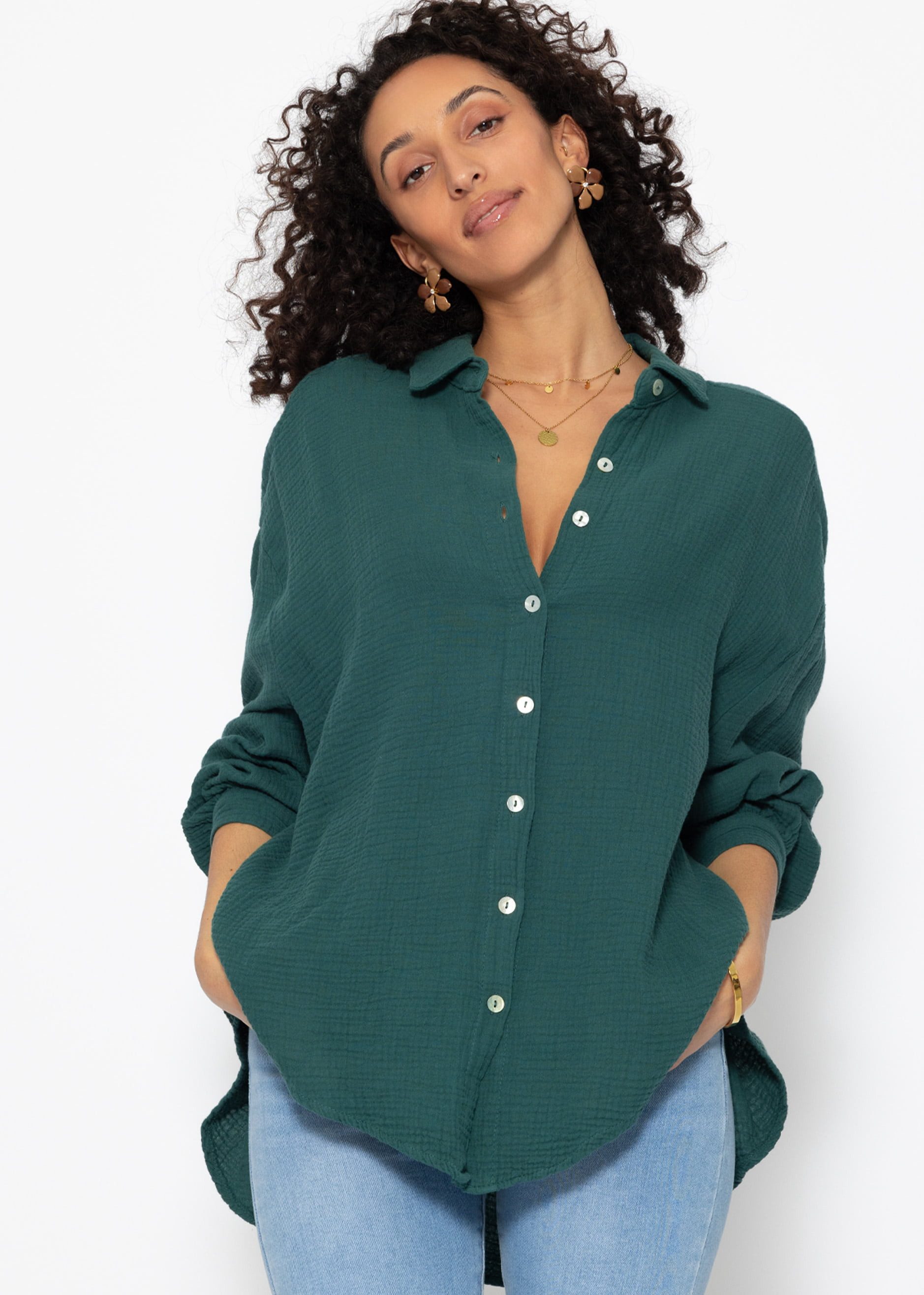Longbluse Oversize Musselin Bluse Damen kurz Langarm Elegant