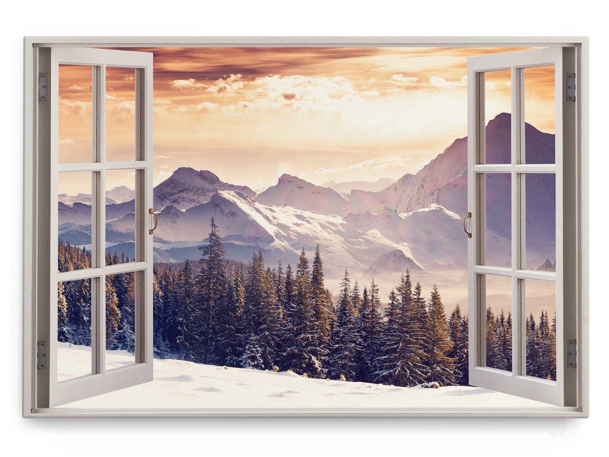 Leinwandbild Wandbild 120x80cm Fensterbild Tannenwald Berge Winter Schnee Sonnenunt