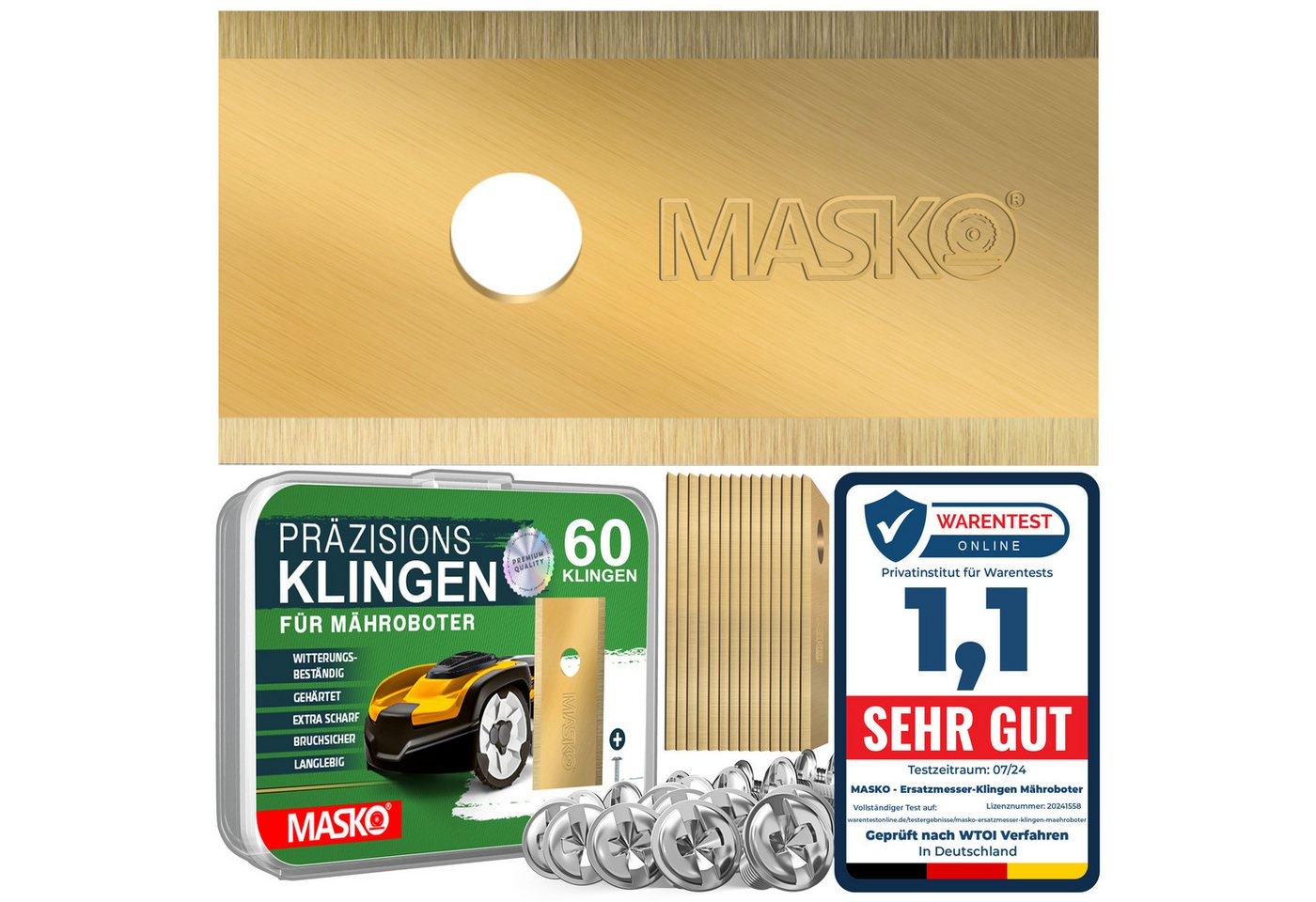 MASKO Mährobotermesser Ersatzmesser für Mähroboter, 60er Set, Titan-beschichtet (60-St), Geeignet für Bosch, Gardena/Husqvarna & Worx